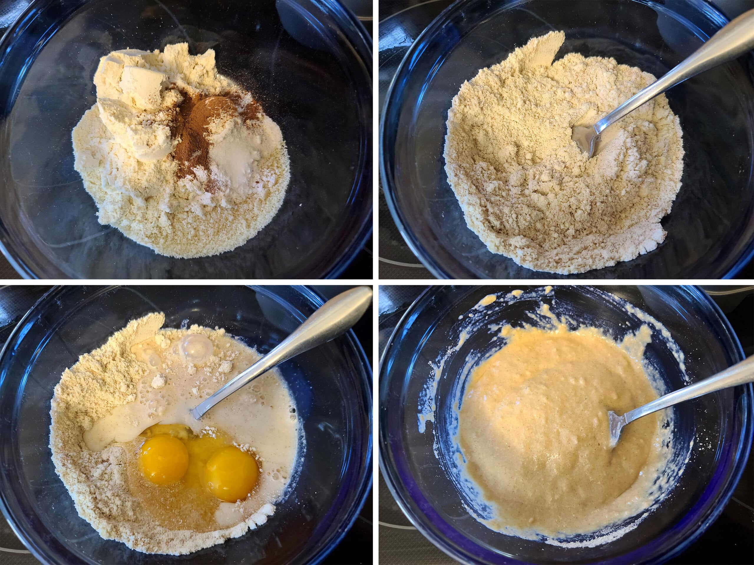 4 part image showing the protein powder and dry ingredients being mixed together, then the wet ingredients added to the bowl and mixed in.