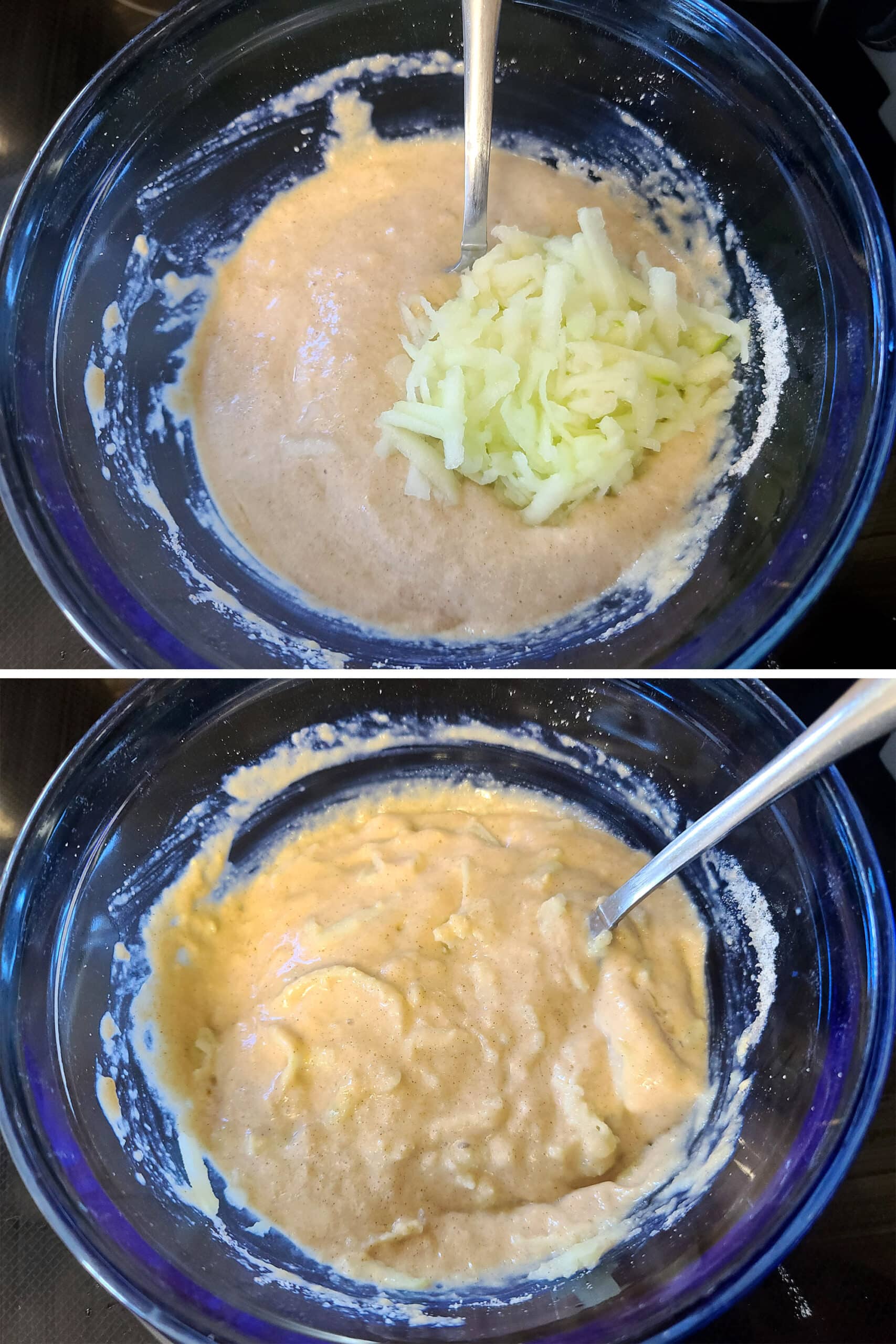 2 part image showing shredded apple being mixed into protein powder pancake batter.