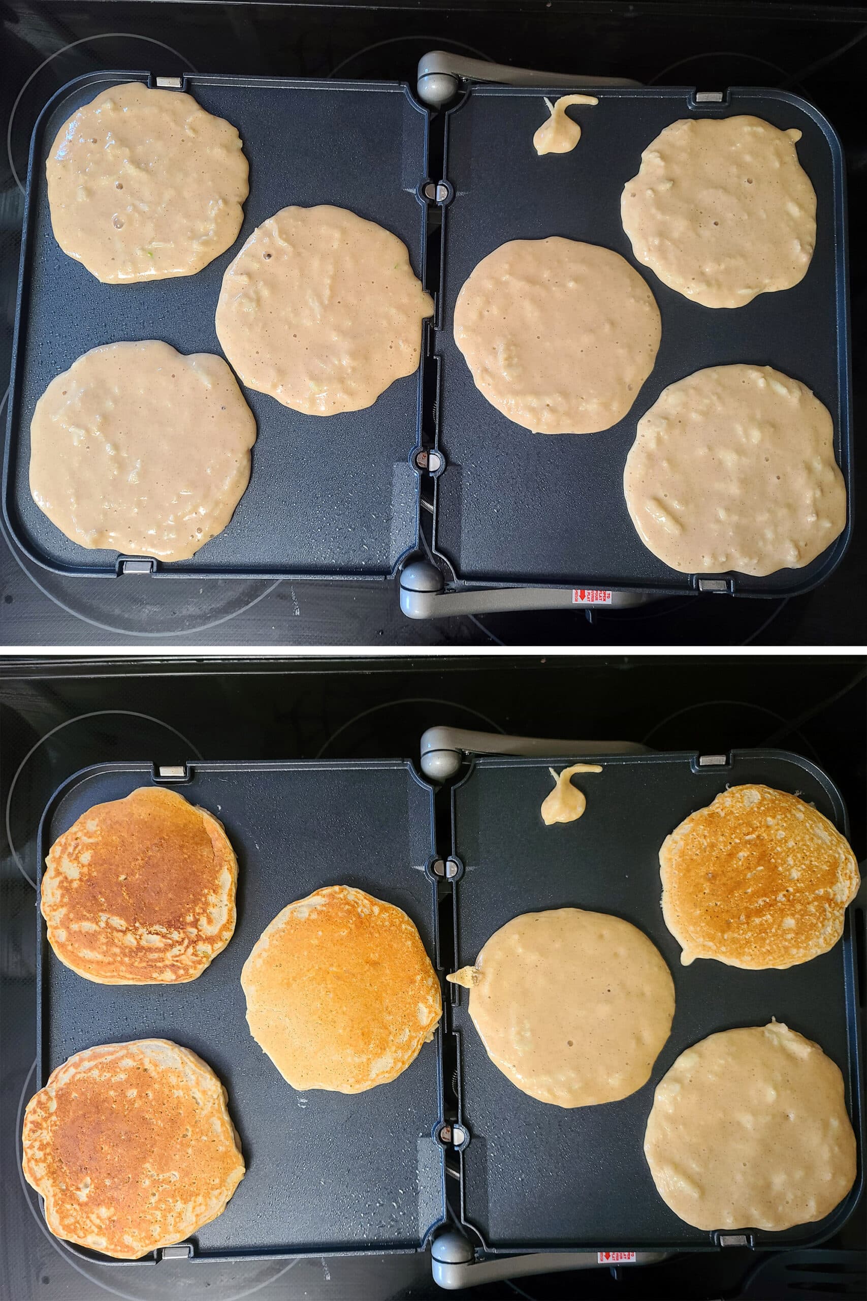 2 part image showing protein powder apple cinnamon pancakes cooking on a griddle.