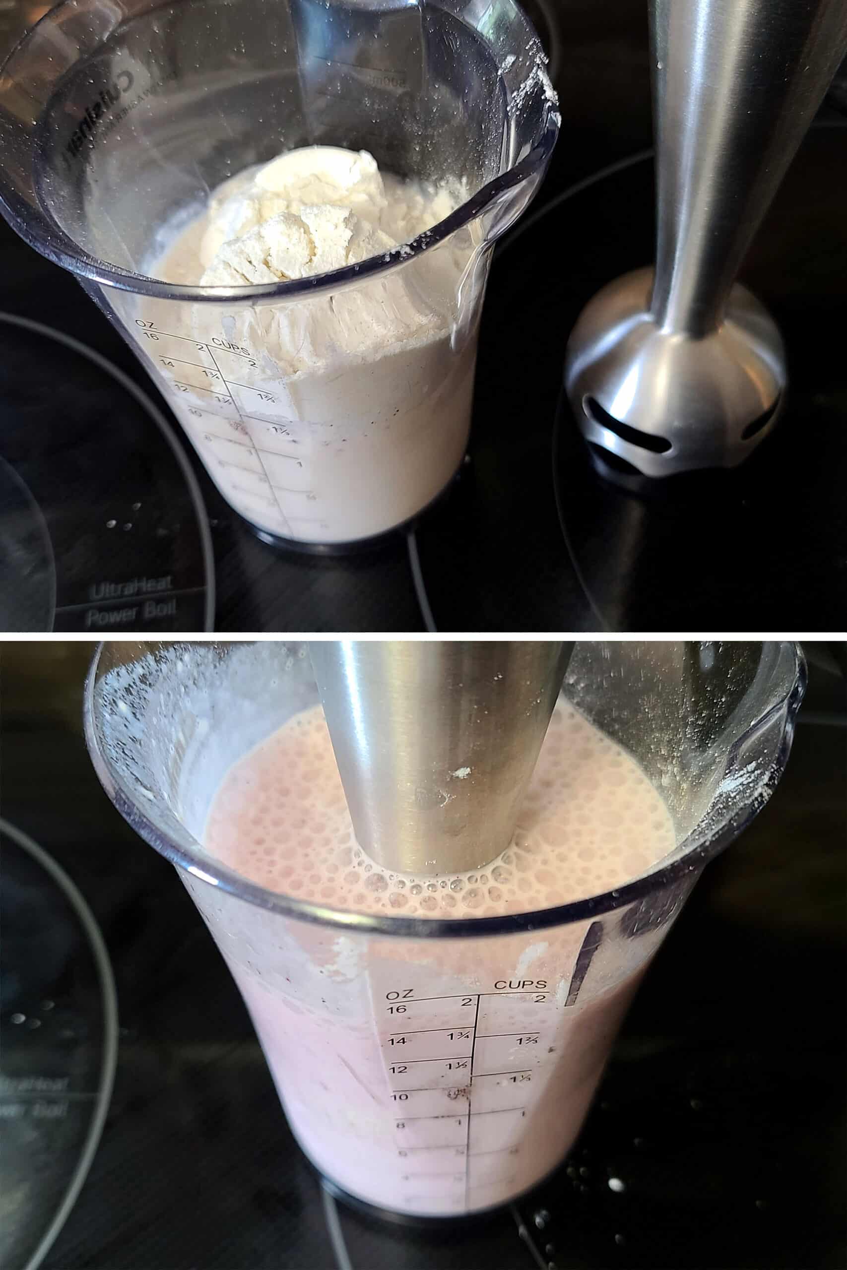 A 2 part image showing almond milk and protein powder being mixed with a stick blender.