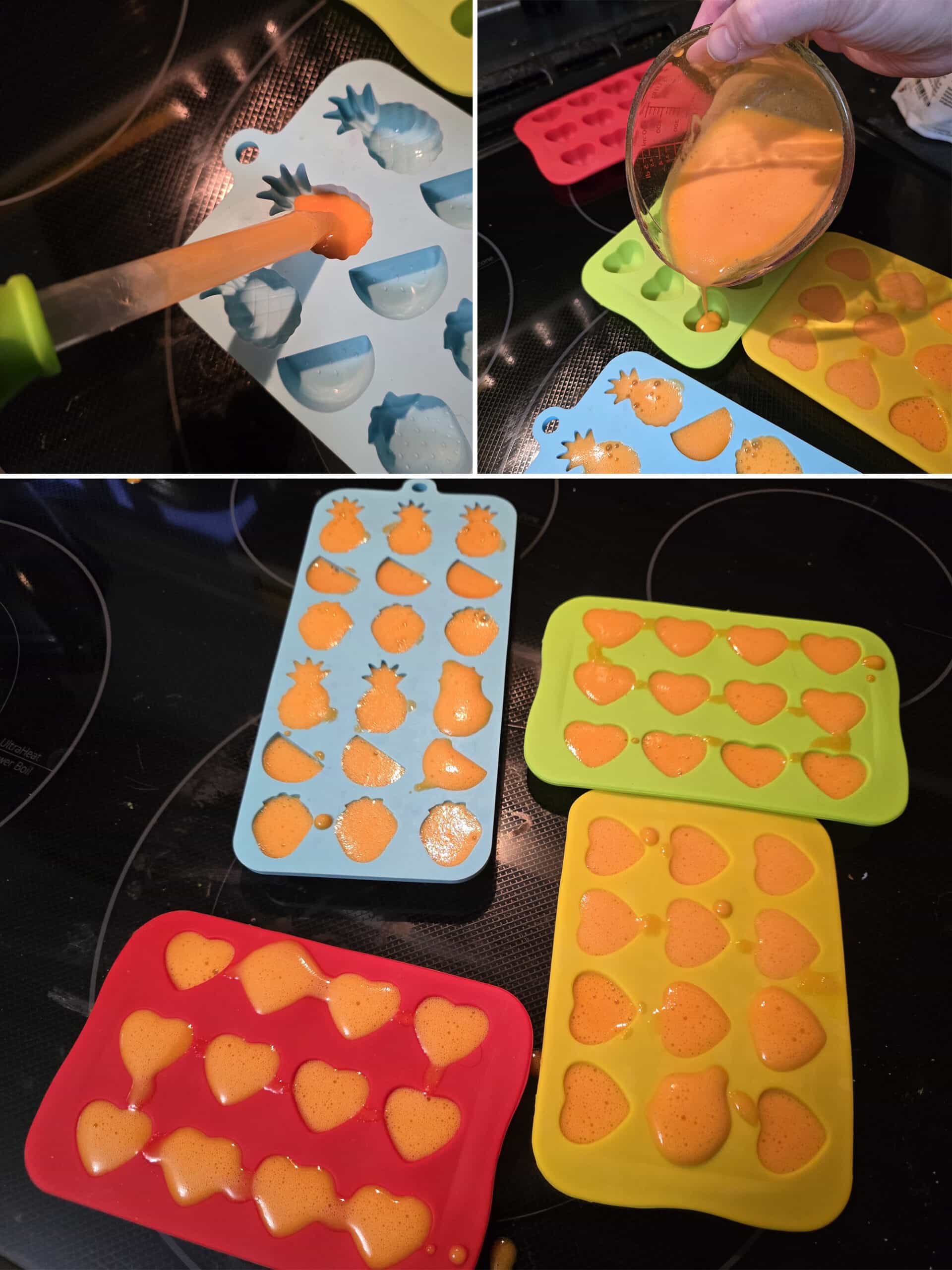 3 part image showing both a dropper and a measuring glass being used to fill the silicone gummy candy molds with protein powder gummy mixture, then 4 molds full of the gummies mix.