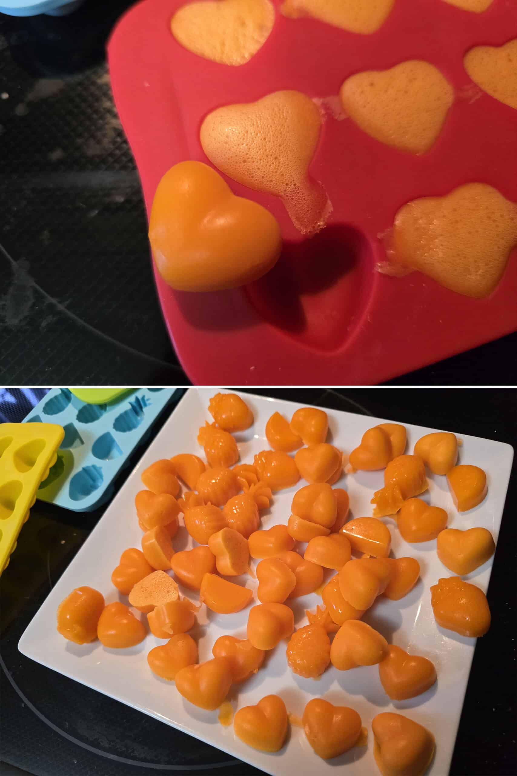 2 part image showing orange heart shaped protein gummies being popped out of a silicone mold, then a plate of orange protein powder gummies.