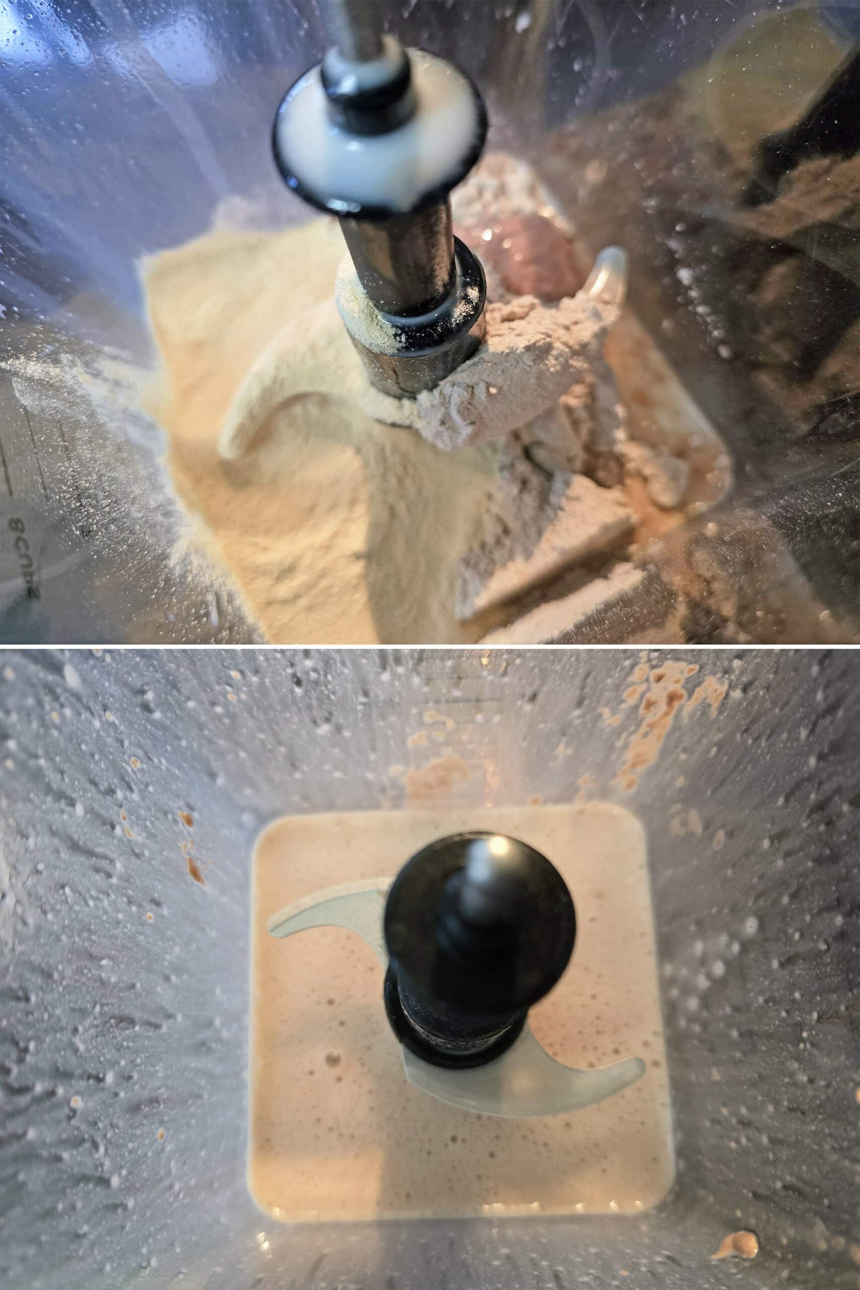 2 part image showing chocolate malt protein shakes being made in a blender.