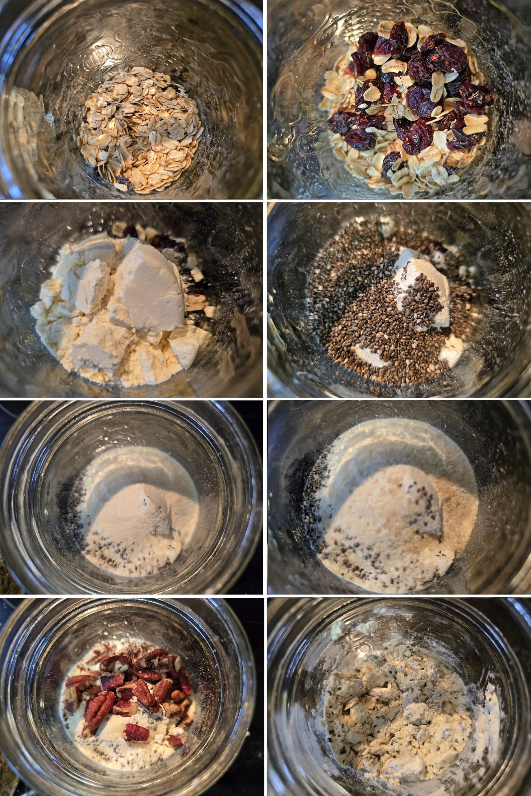 8 part image showing the various cranberry orange overnight oats ingredients being measured into a jar and stirred.