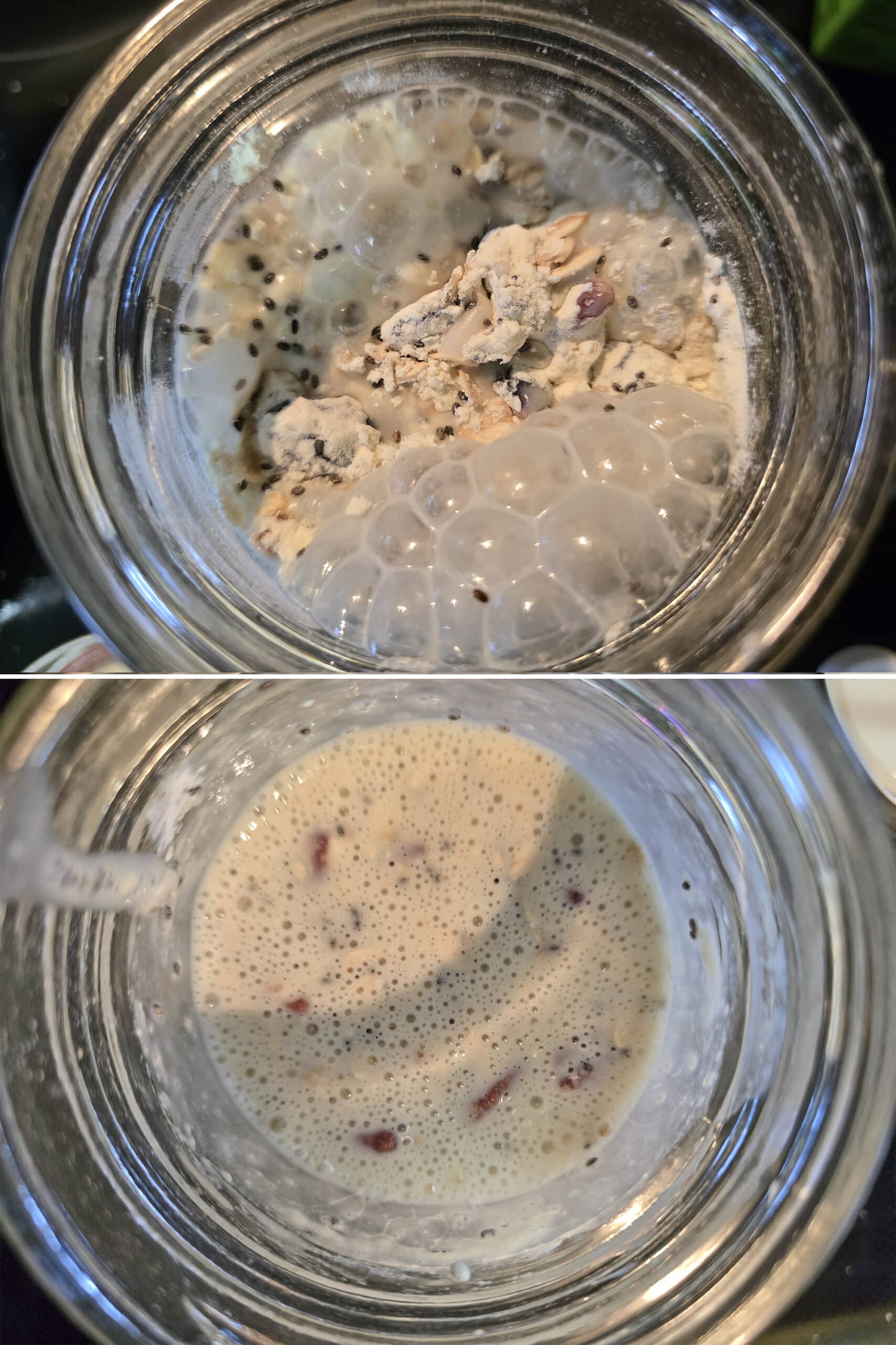 2 part image showing the almond milk being stirred into the overnight oats.