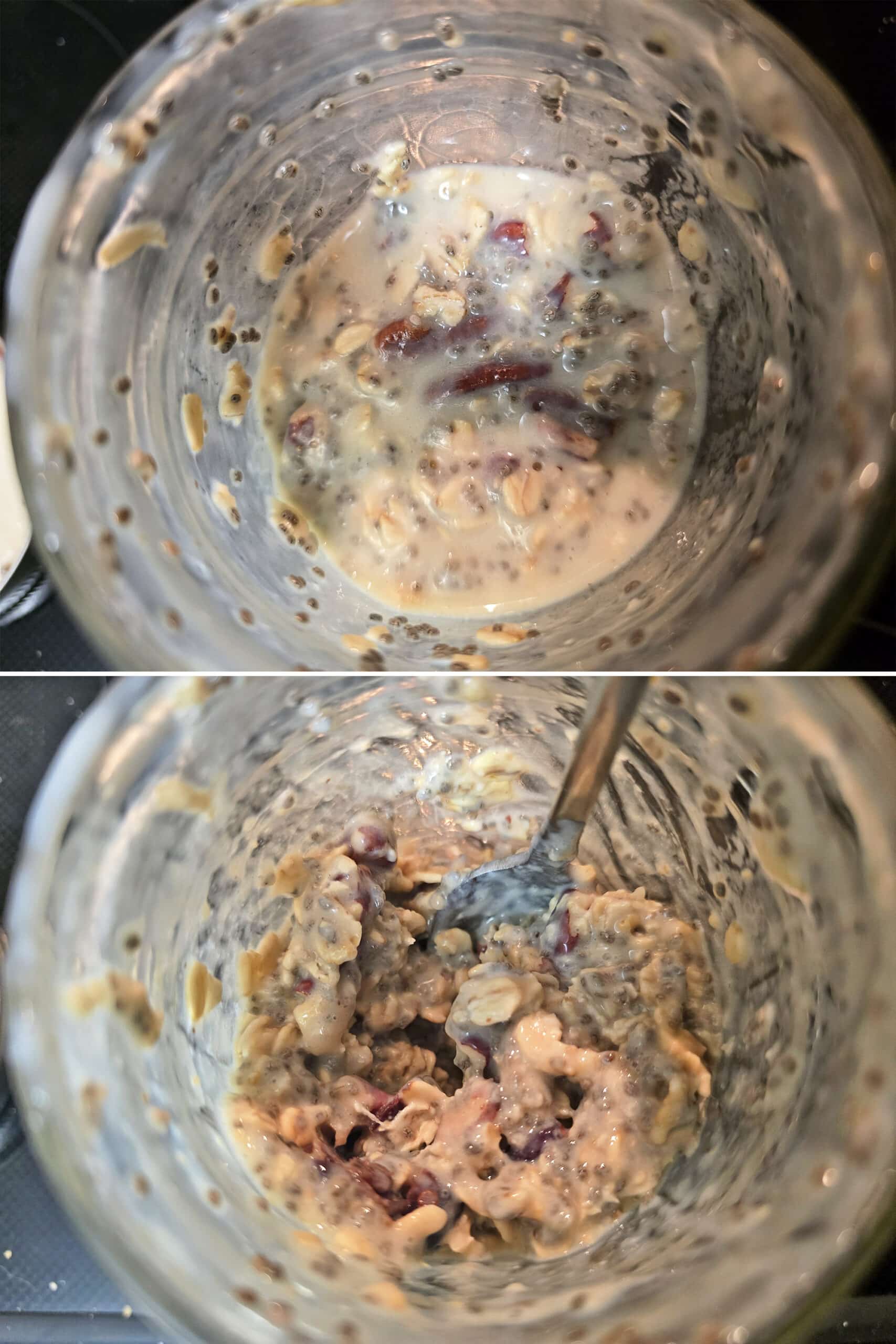2 part image showing the finished jar of overnight oats before and after stirring.