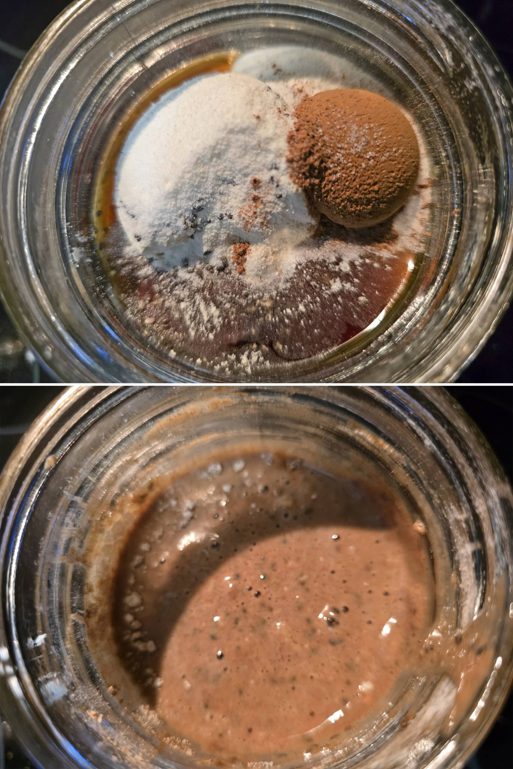 2 part image showing most of the ingredients being mixed in a jar