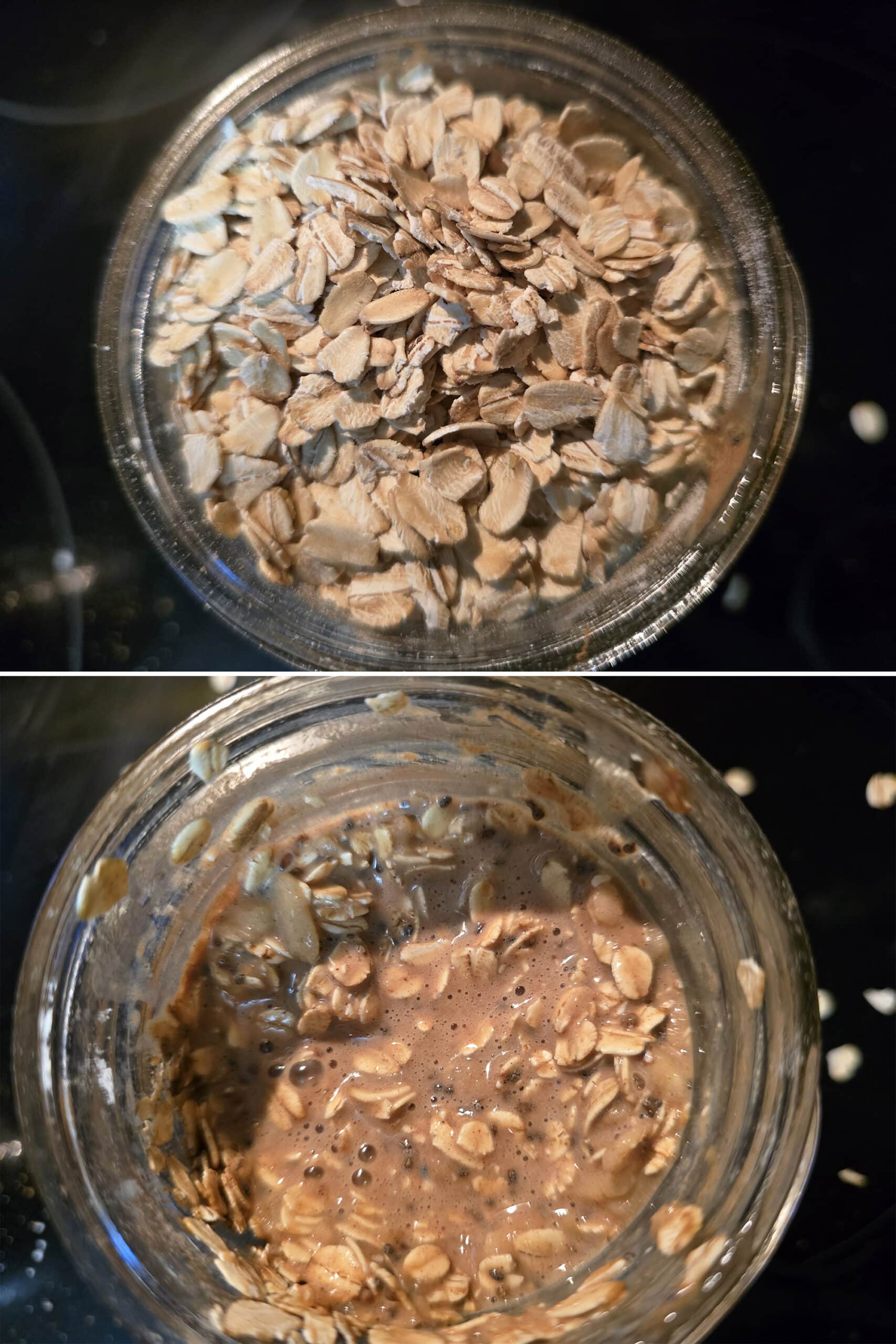 2 part image showing oats being added to the jar and stirred in