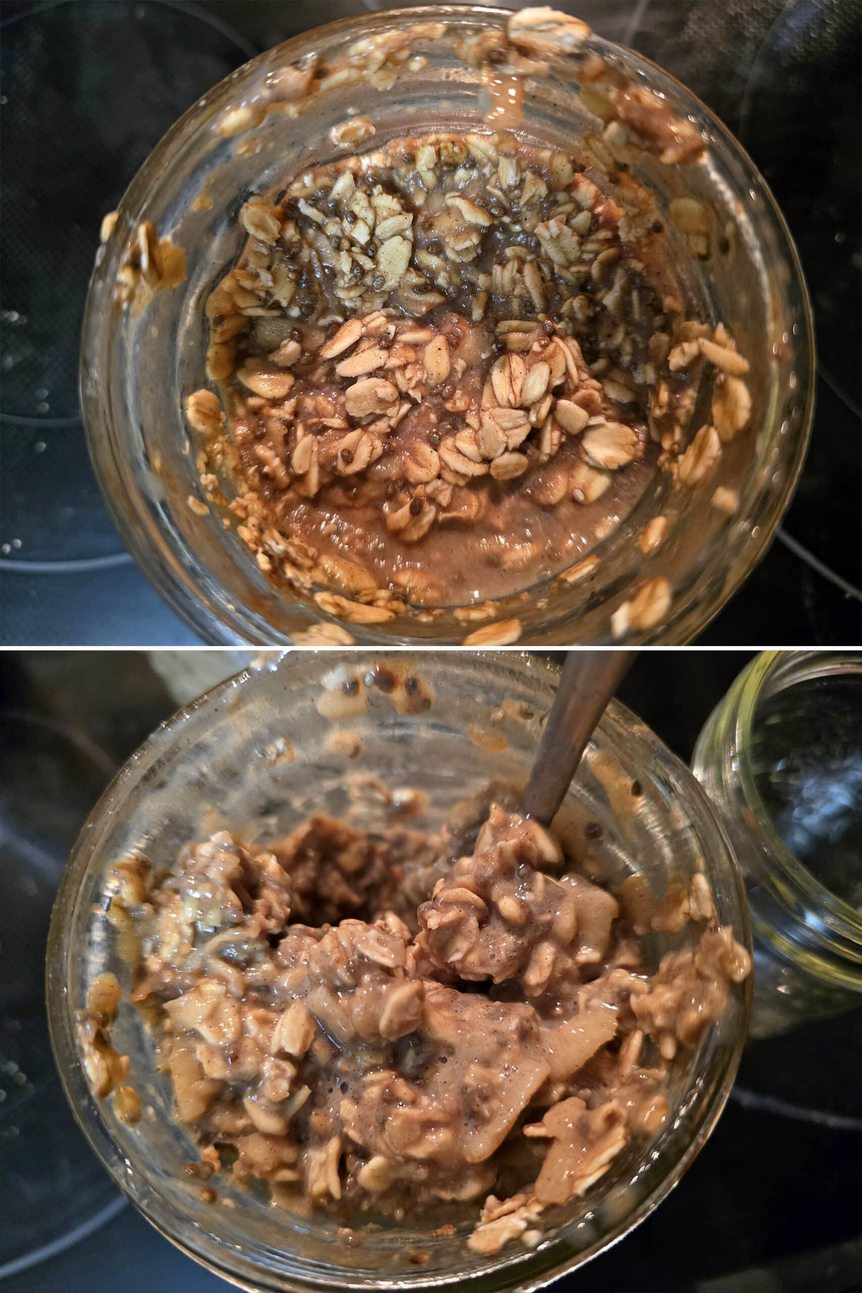 2 part image showing thickened overnight oats being stirred in the jar the next morning.