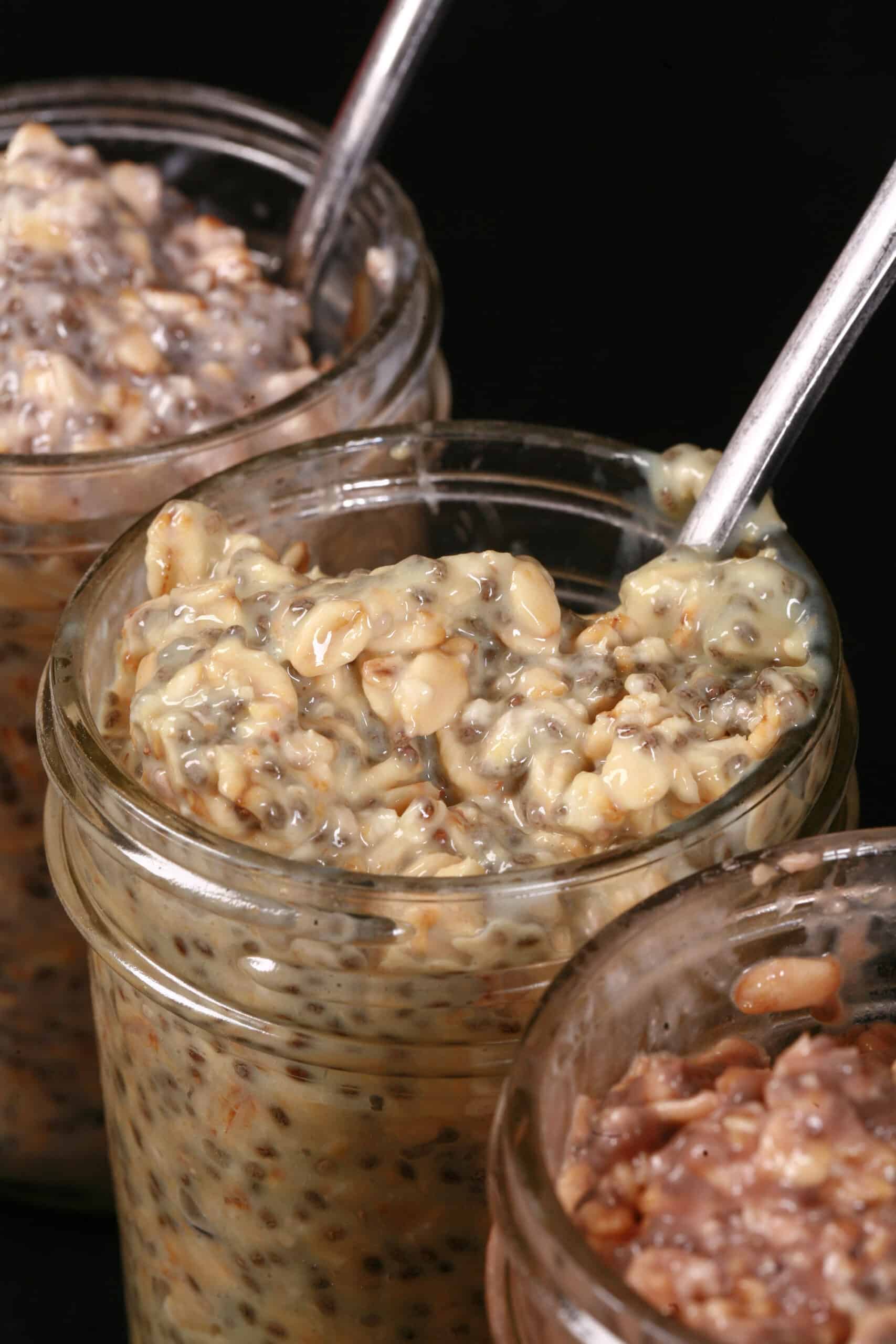 3 jars of different flavours of protein powder overnight oats.