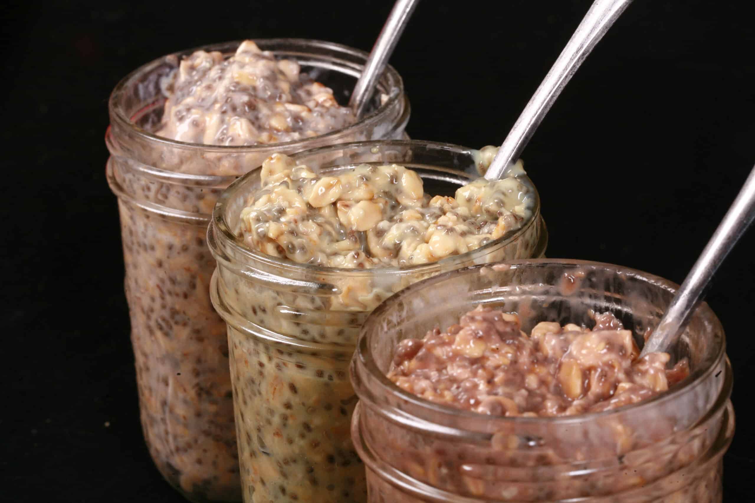 3 jars of different flavours of high protein overnight oats.