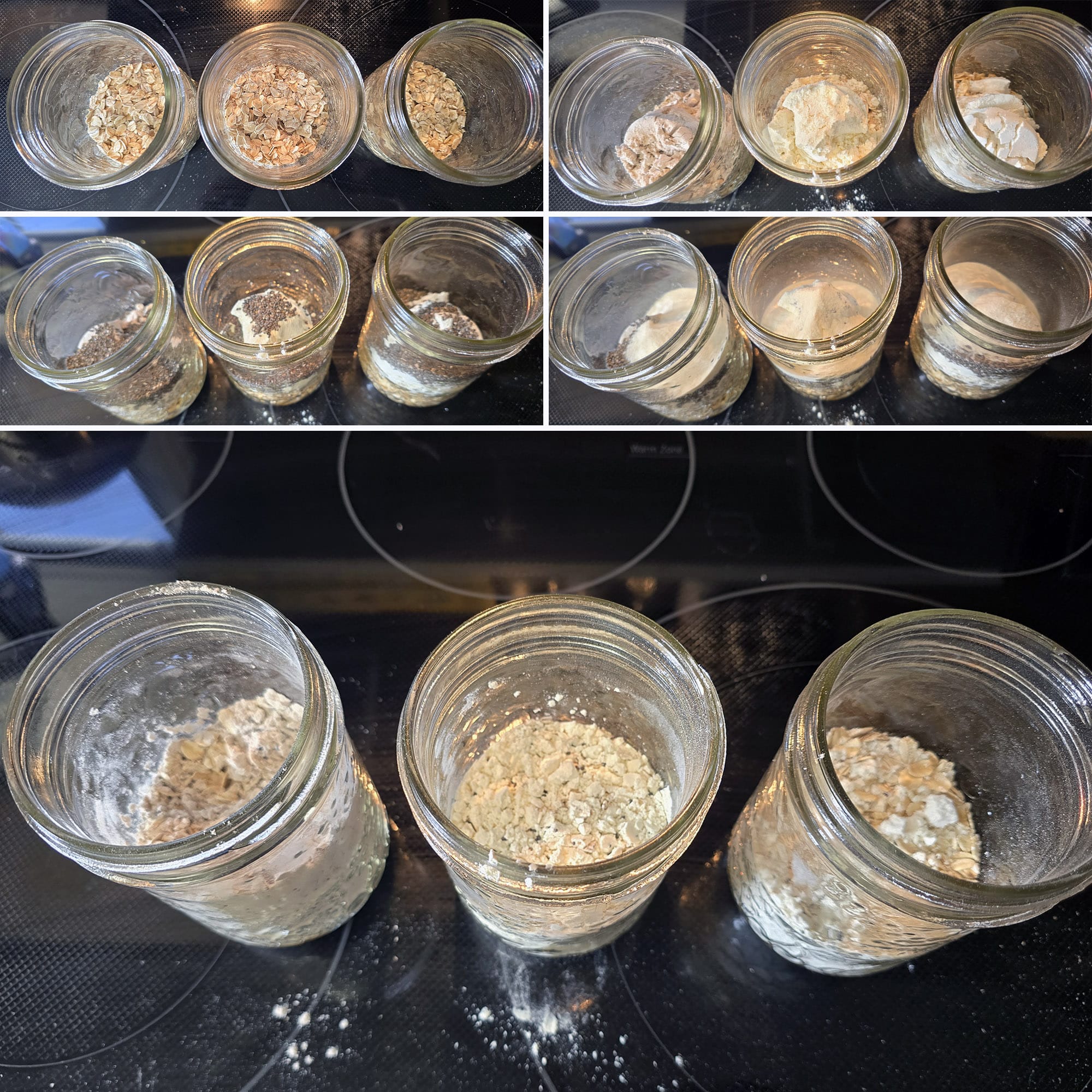5 part image showing the various protein powder overnight oats ingredients being measured into mason jars.
