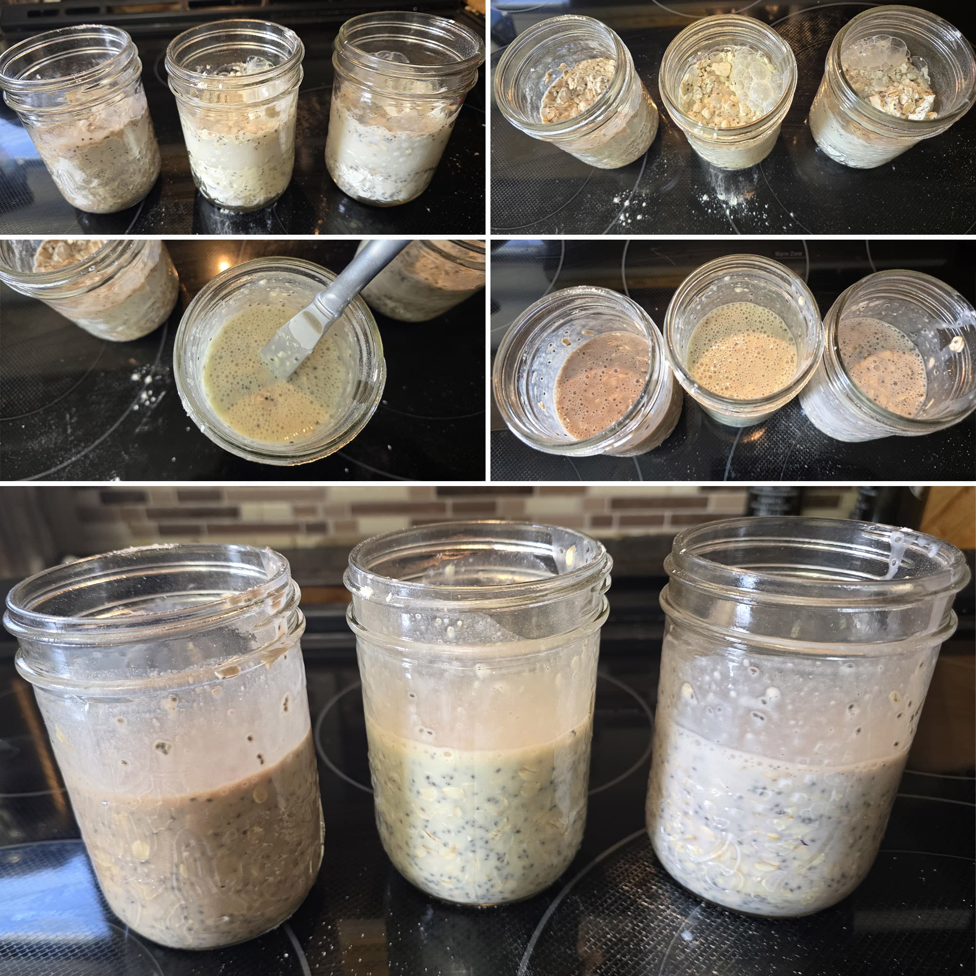5 part image showing almond milk being stirred into jars of different flavours of high protein overnight oats.