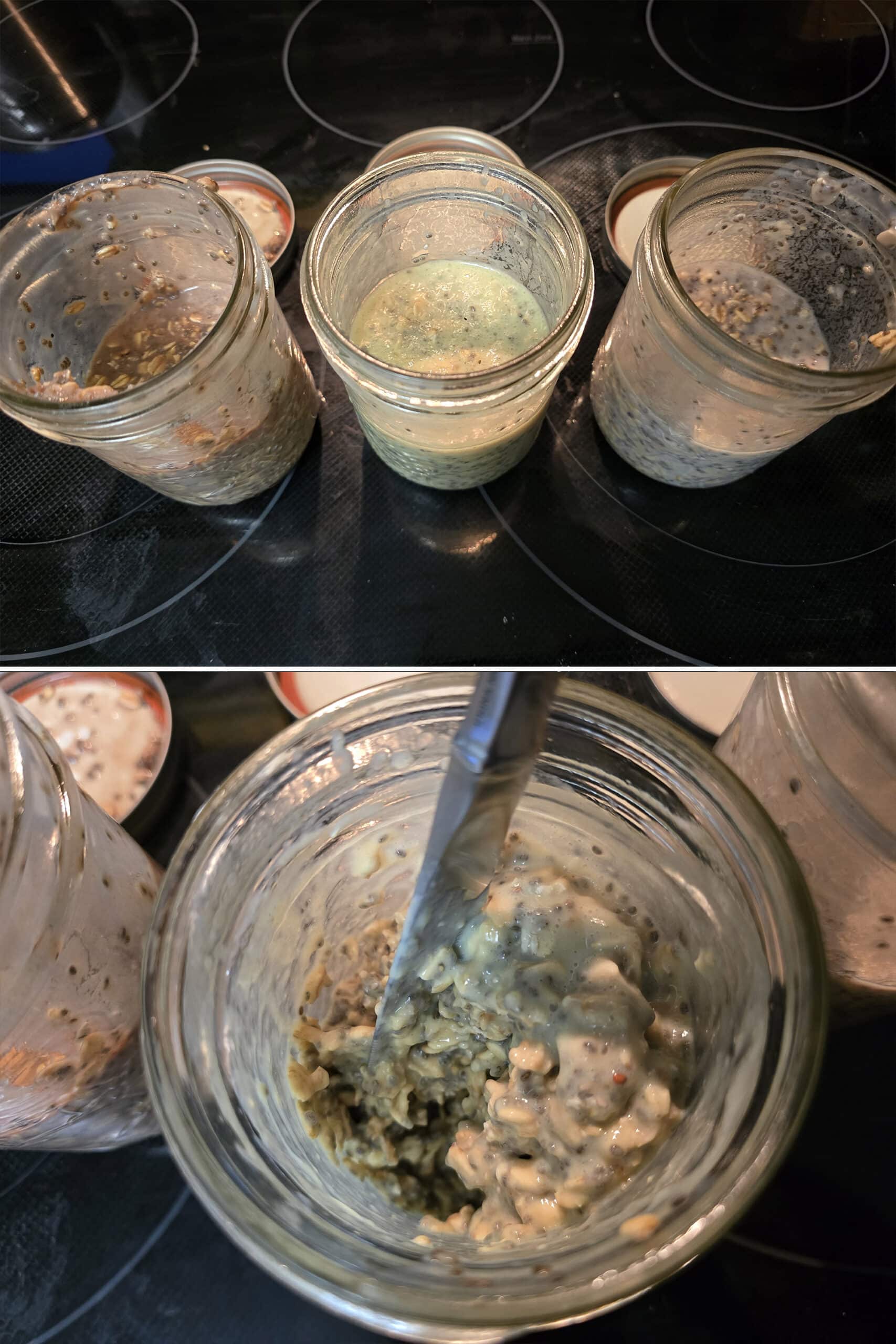 2 part image showing jars of overnight oats being stirred after sitting overnight.