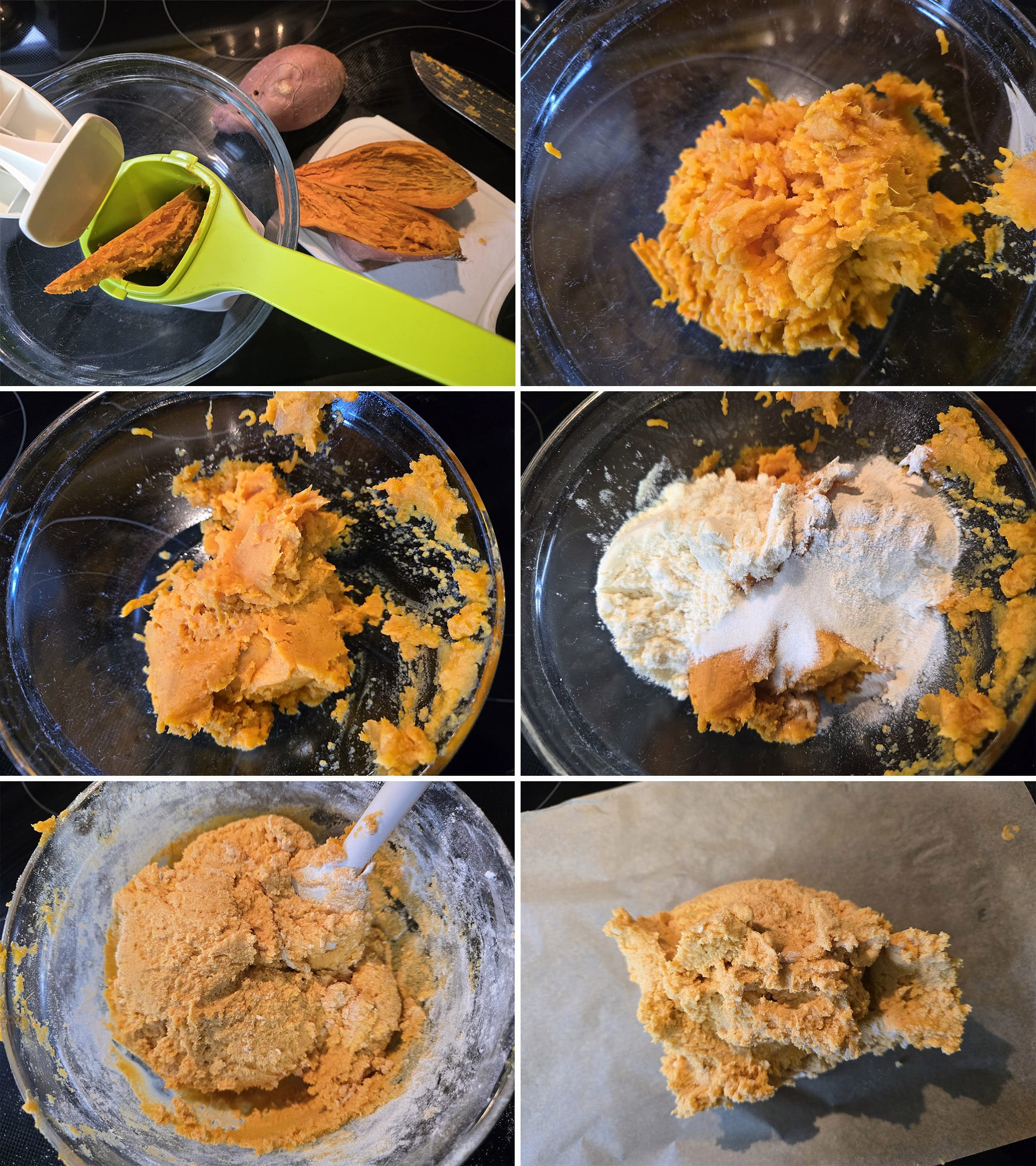 6 part image showing roasted sweet potato being mashed through a potato ricer then mixed with the dry ingredients to form a dough.