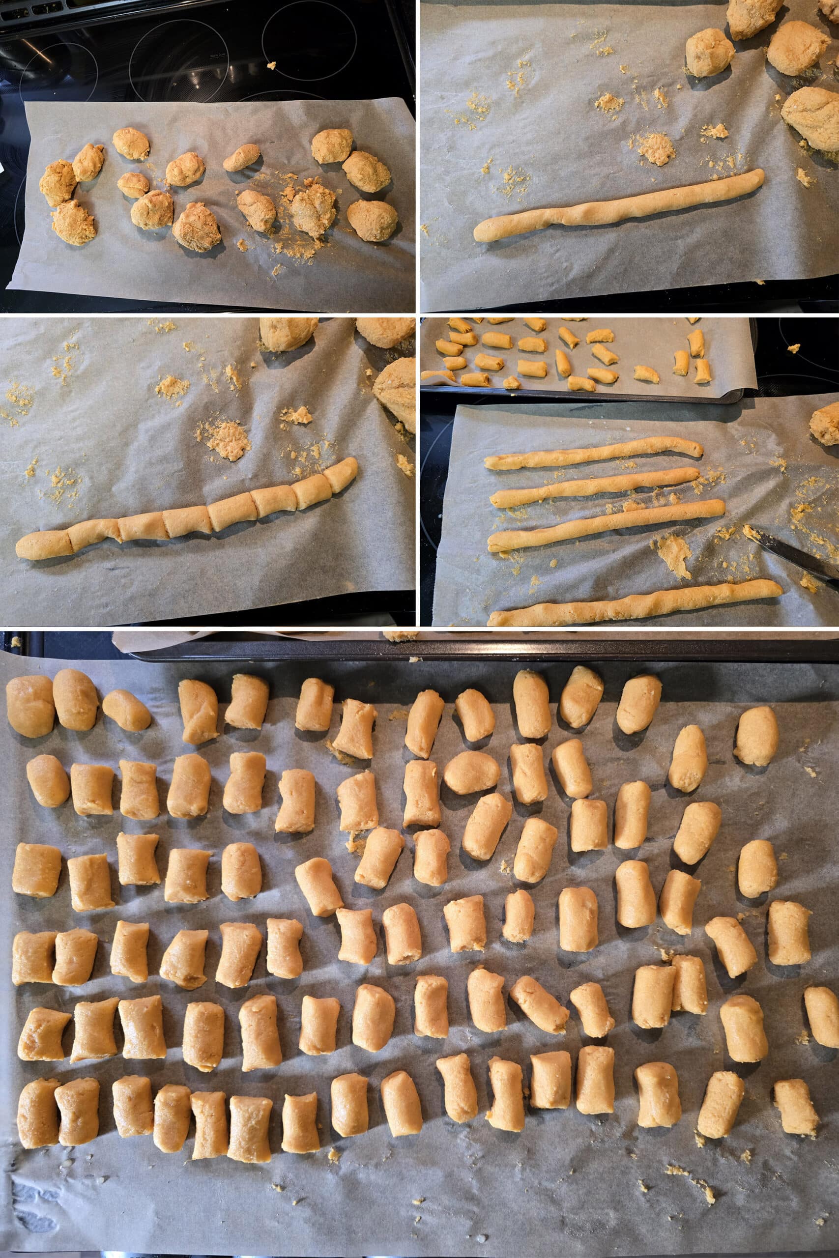 5 part image showing the high protein sweet potato gnocchi dough being divided into lumps, rolled into ropes, and cut to bite sizes pieces.