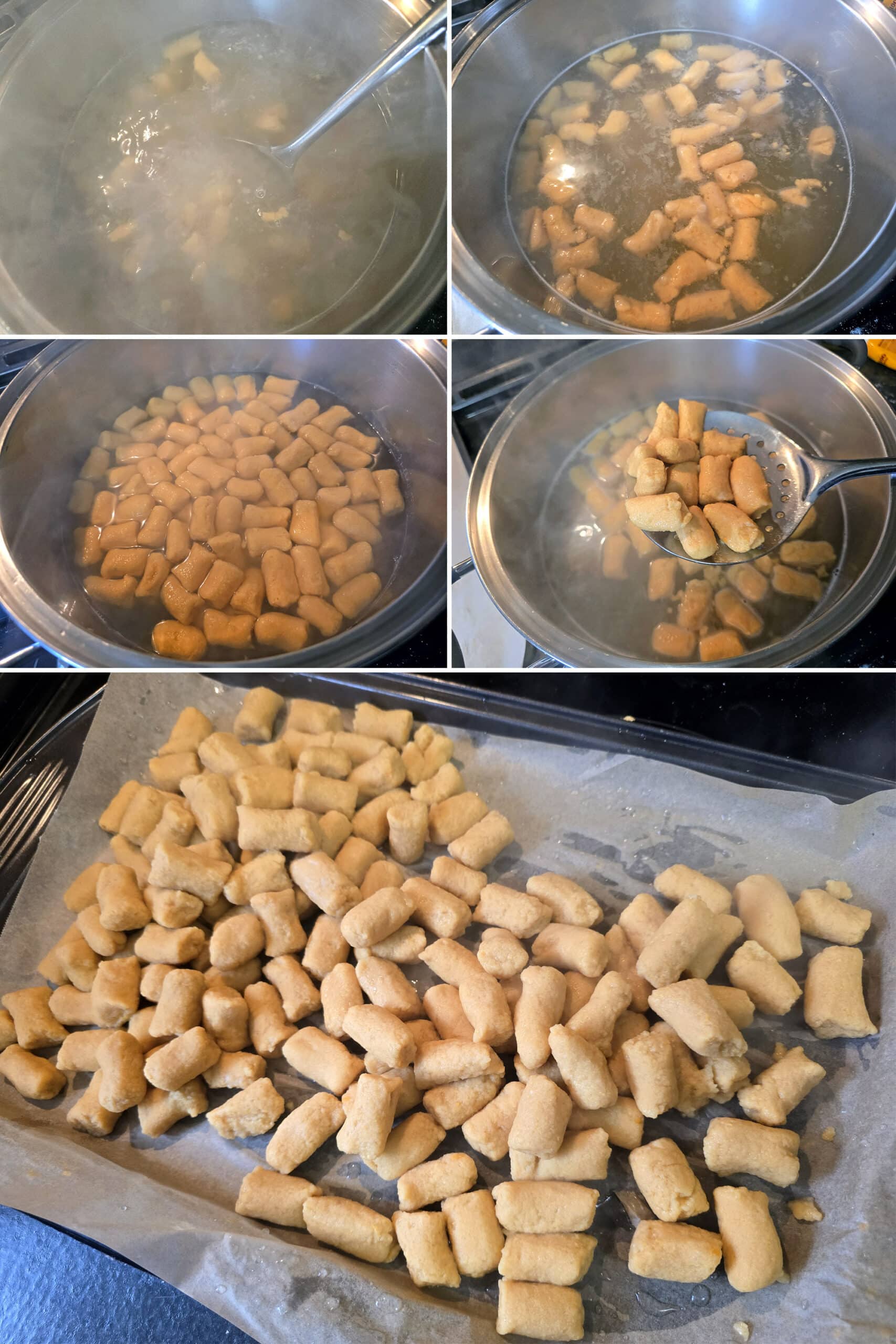 5 part image showing high protein sweet potato gnocchi being added to a pot of simmering water, floating, then lifted out with a slotted spoon and spread on a parchment lined baking pan.