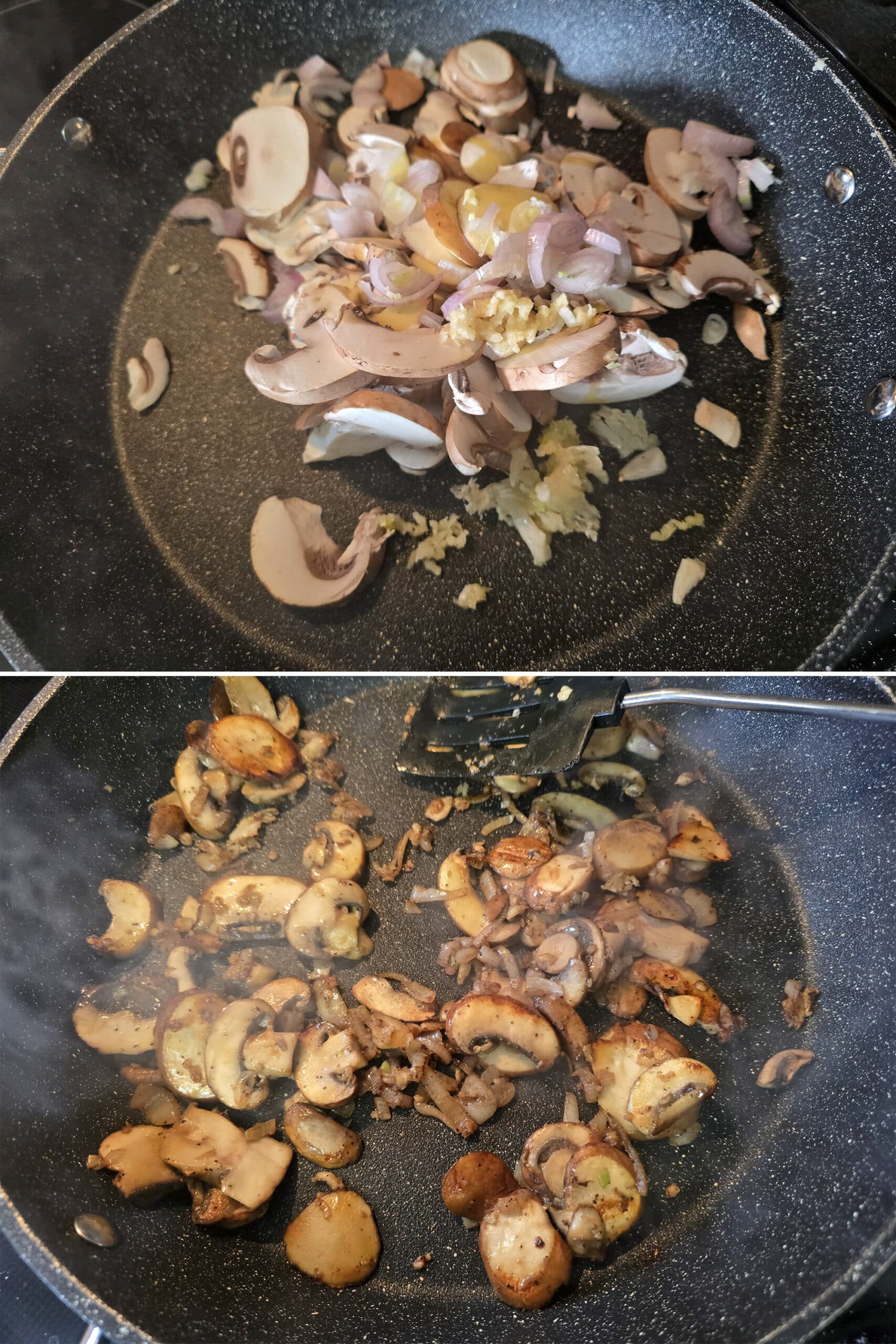 2 part image showing the mushrooms, shallots, and garlic being cooked in a large pan.