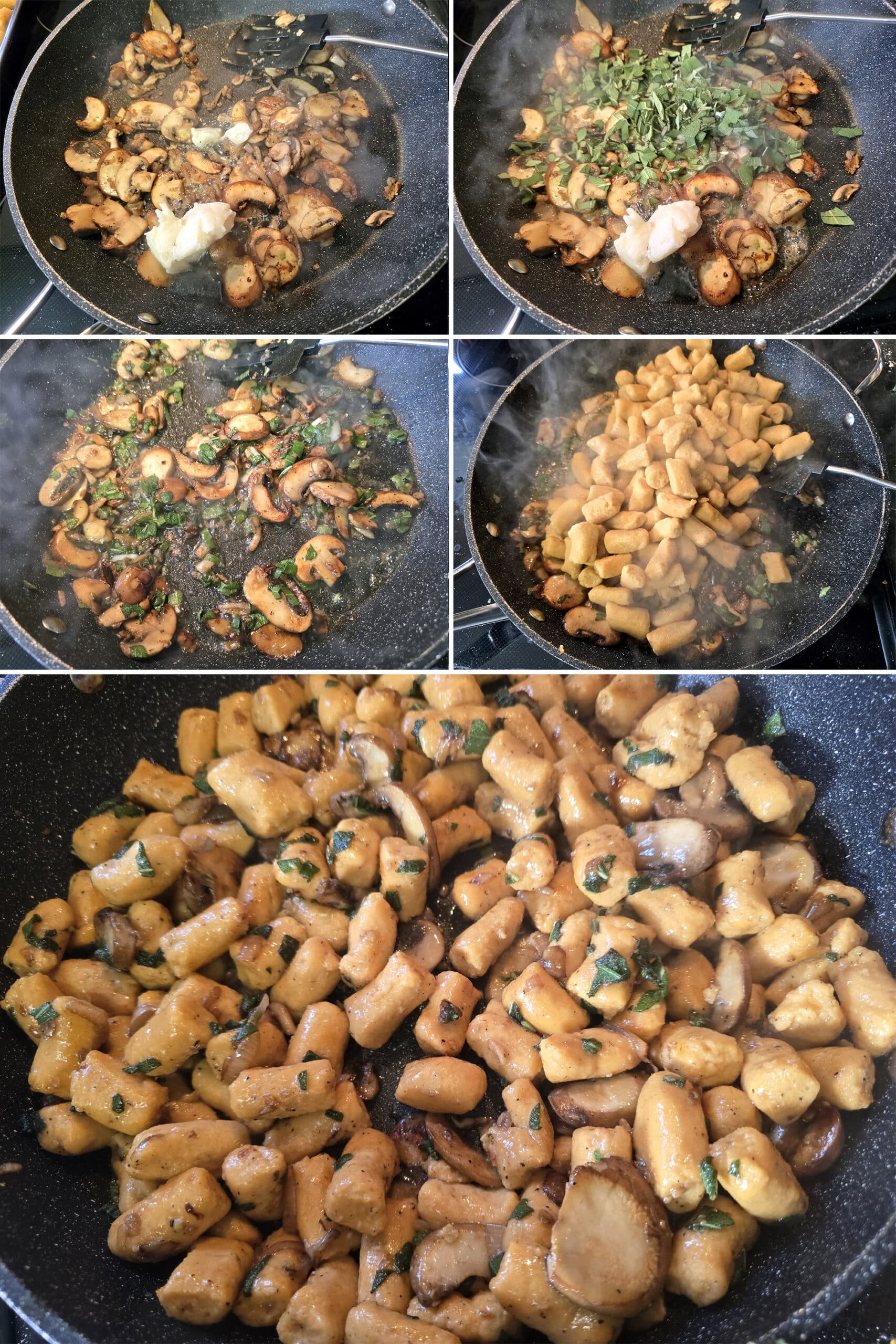 5 part image showing fat and sage being added to the pan of mushrooms, then the high protein gnocchi added and stirred in.