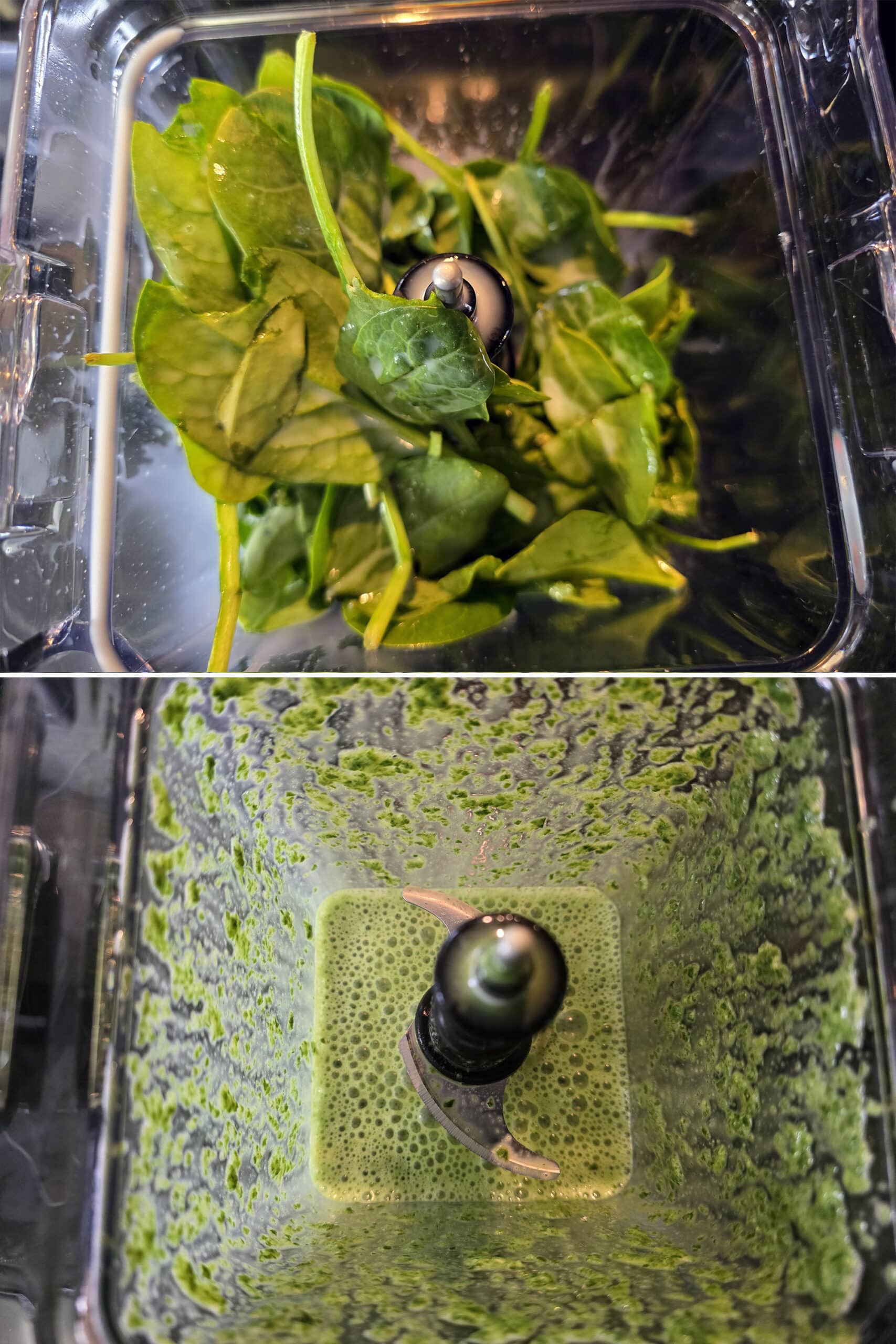 2 part image showing the almond milk and baby spinach being blended together in a blender.
