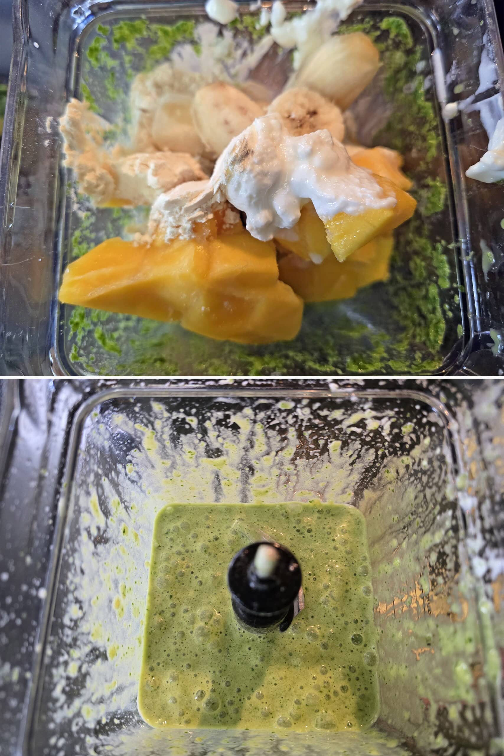 2 part image showing the rest of the ingredients added to the blender and blitzed until smooth.