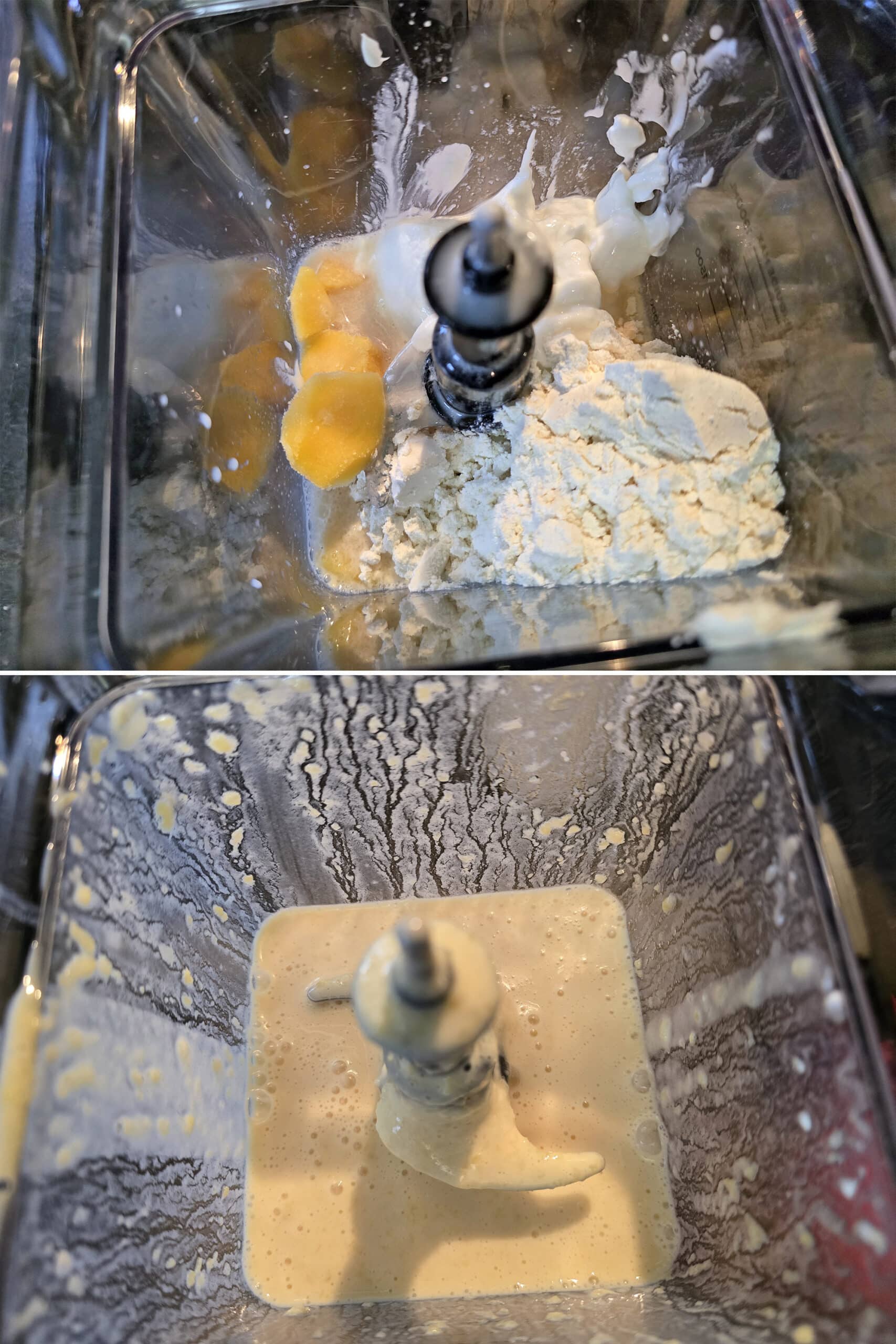 2 part image showing the mango daiquiri protein smoothie ingredients being blended in a blender.