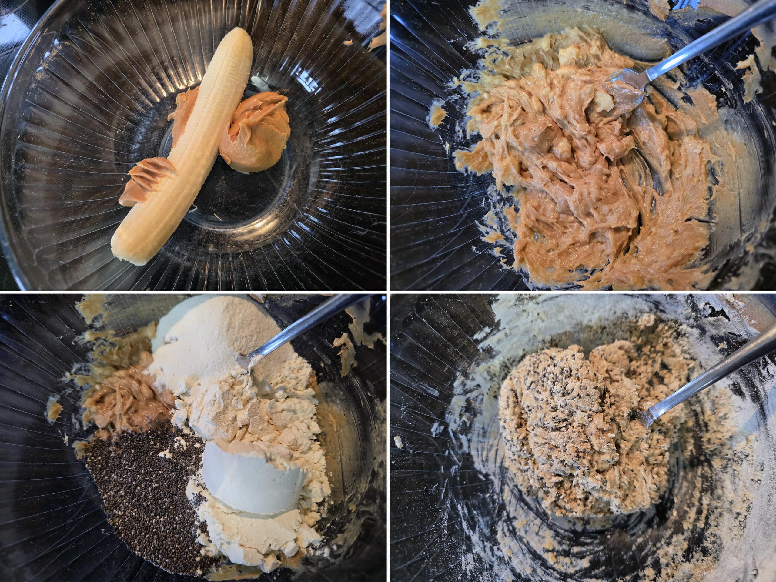 4 part image showing peanut butter and a banana being mashed together, then the collagen, protein powder, etc mixed in.