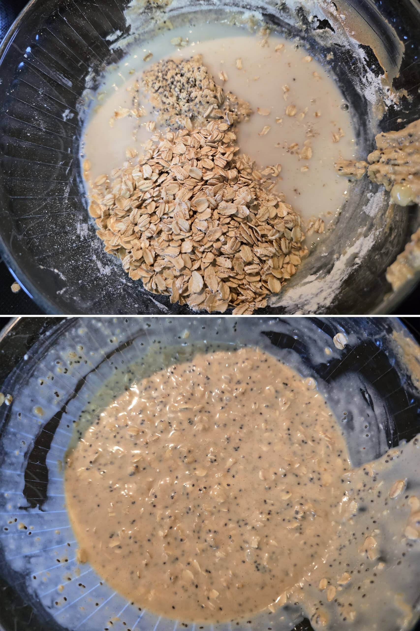 2 part image showing milk and rolled oats being stirred into the banana mixture.