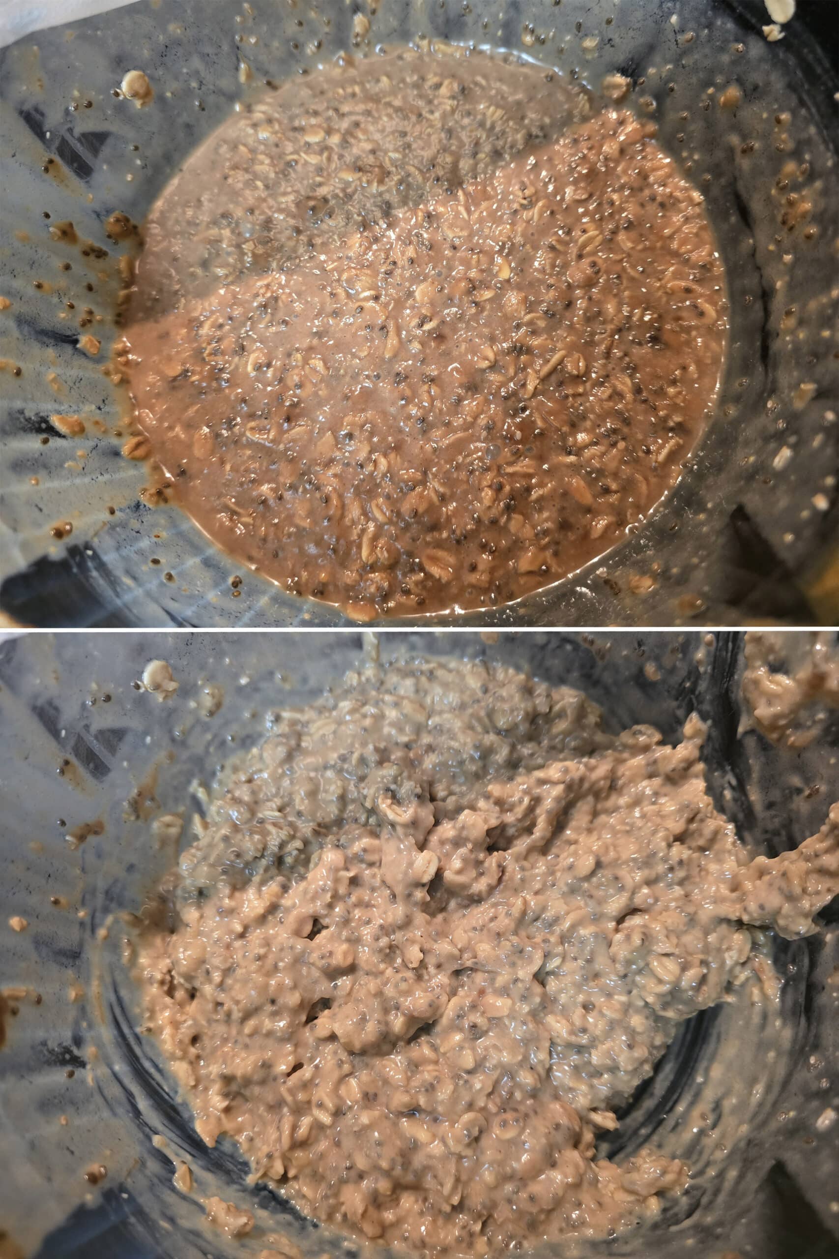 2 part image showing the bowl of high protein peanut butter banana overnight oats being stirred after absorbing the liquid.