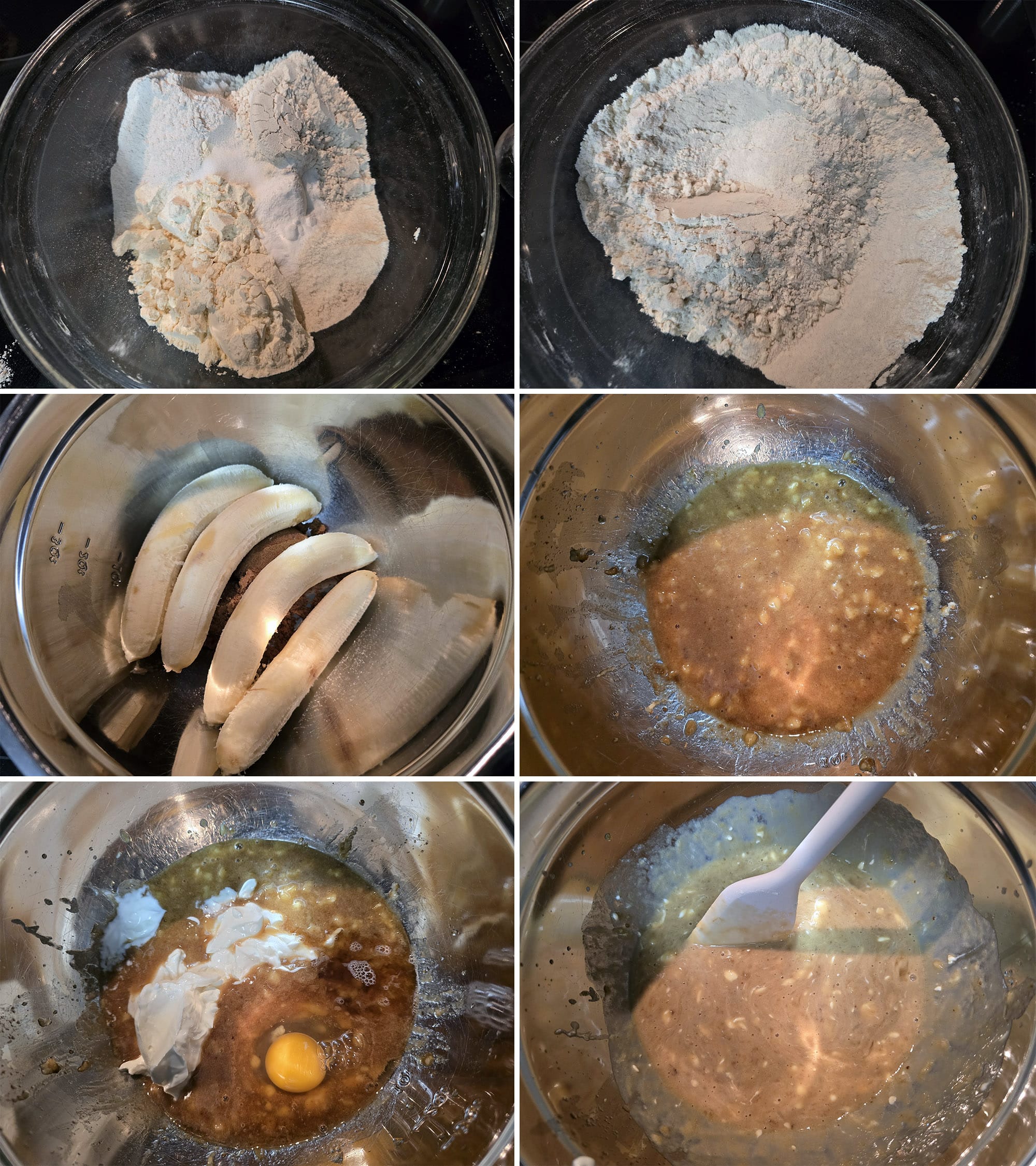 6 part image showing the dry ingredients being mixed in one bowl, then the bananas and sugar being mashed in another before the remaining wet ingredients are mixed in.