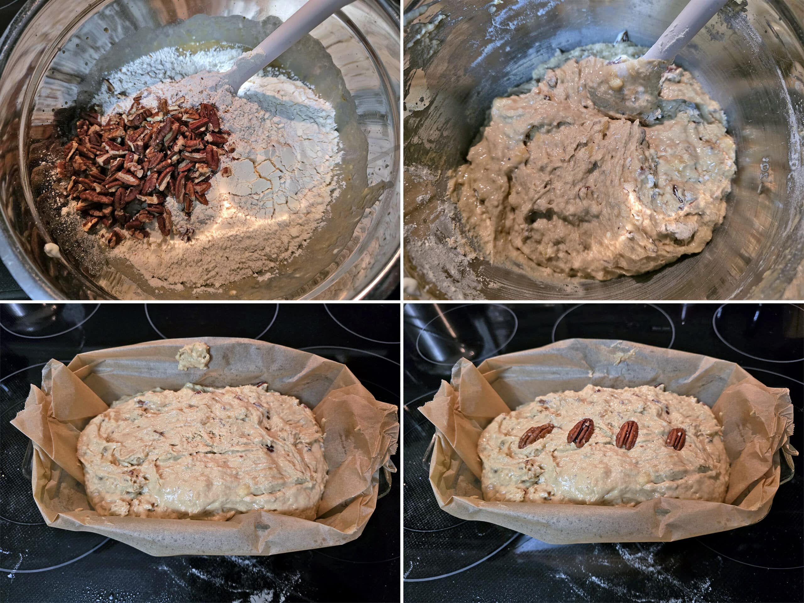 4 part image showing the dry ingredients and nuts being mixed into the banana mixture, then poured into a prepared loaf pan and topped with pecan halves.