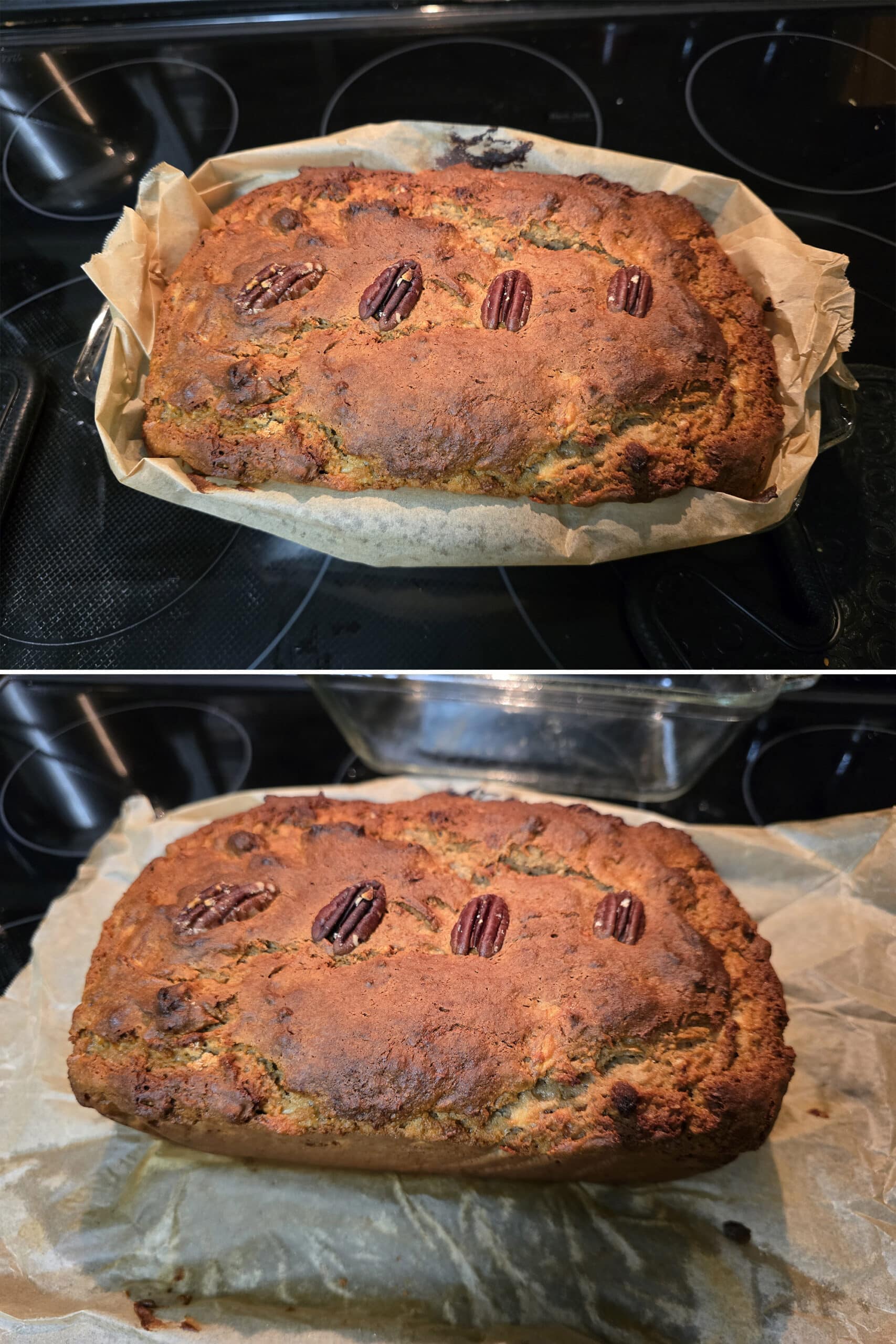 2 part image showing a baked loaf of high protein banana bread being removed from the pan.