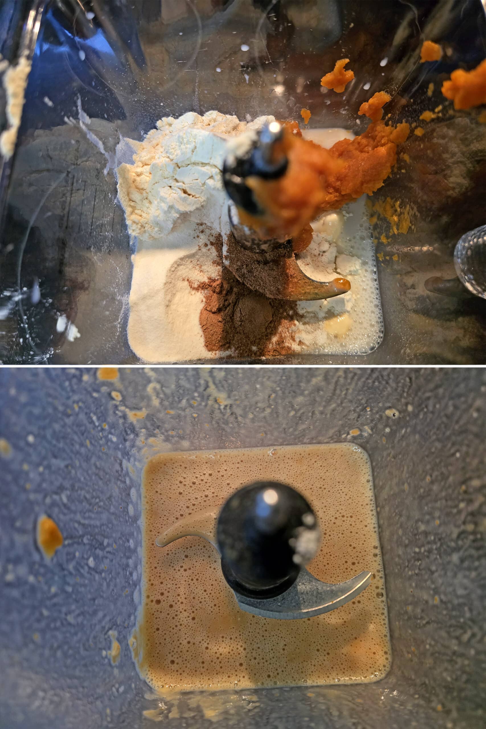2 part image showing all of the ingredients being blended in a blender.