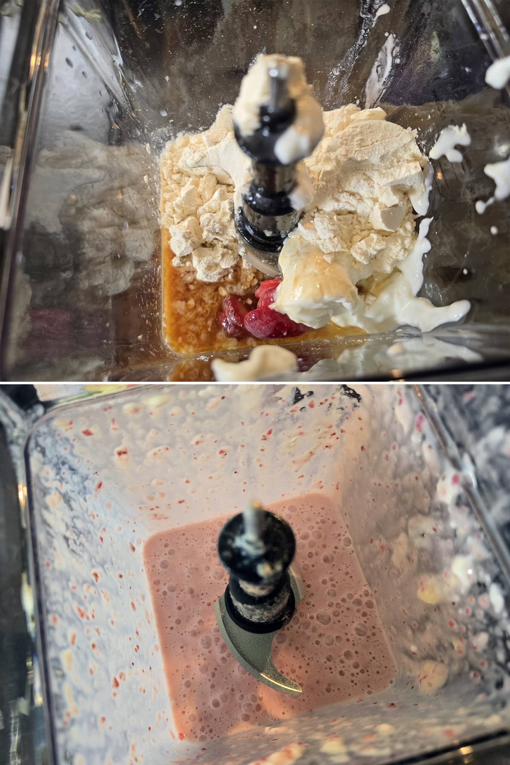 2 part image showing all of the smoothie ingredients being blended in a blender.