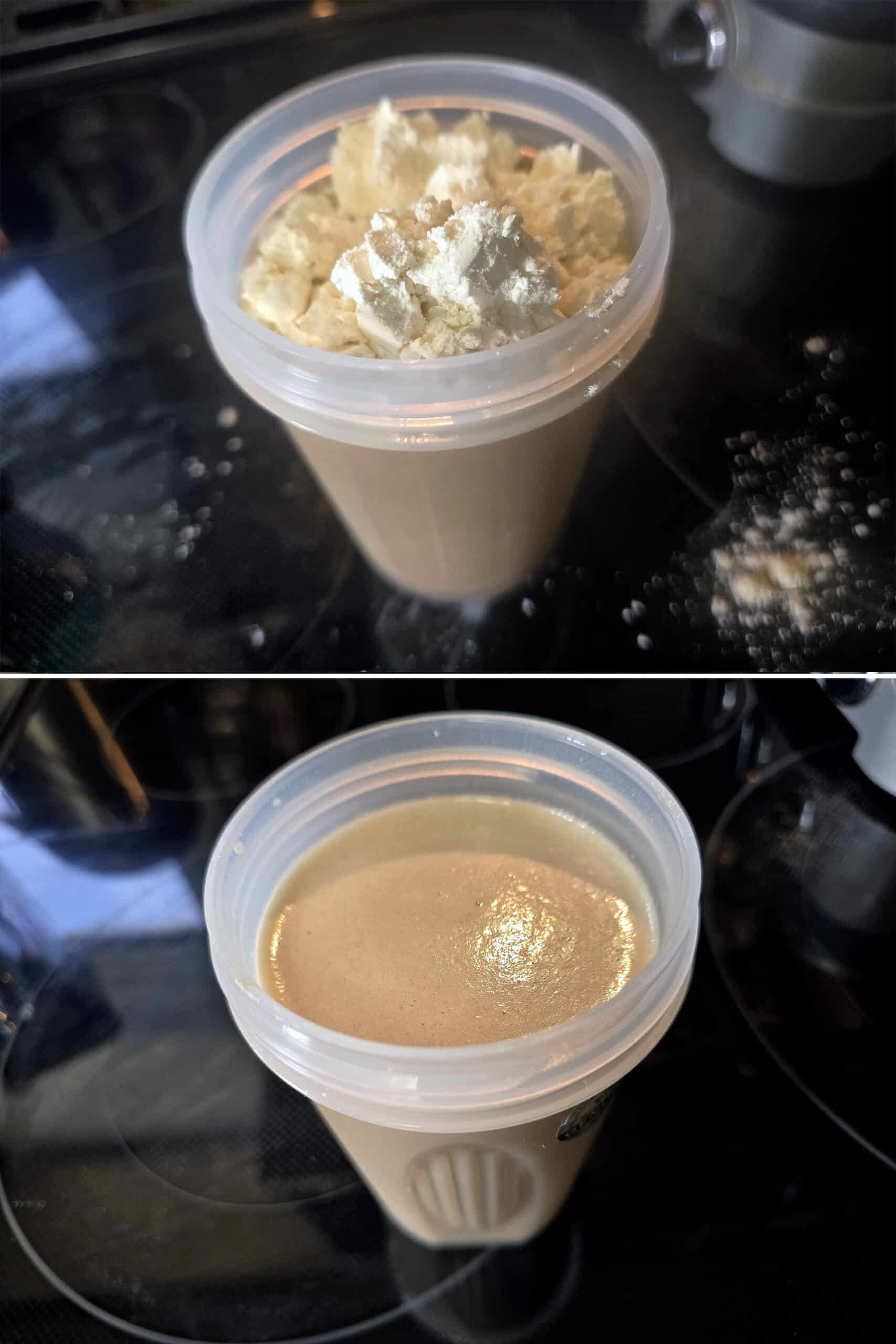 2 part image showing the sugar cookie protein shake ingredients being mixed in a shaker bottle.