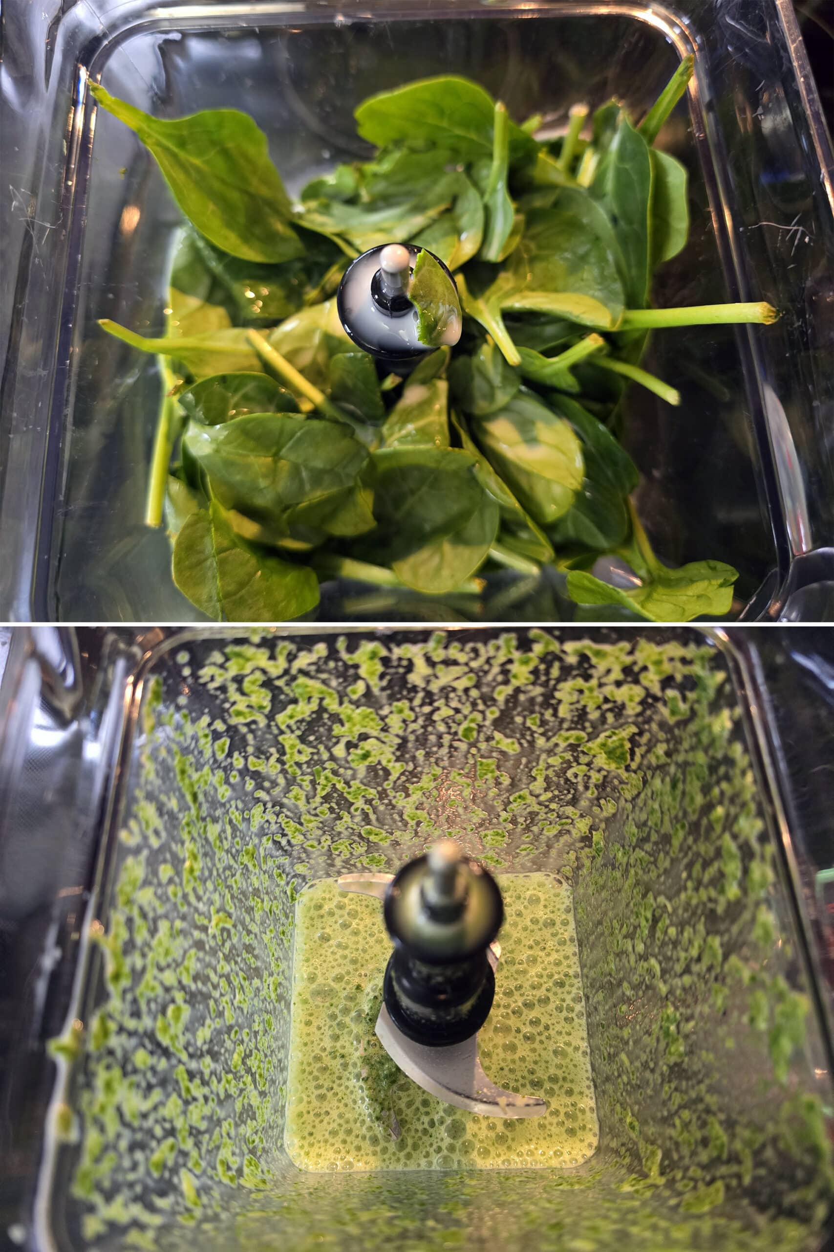 2 part image showing almond milk and baby spinach being blended in a blander.