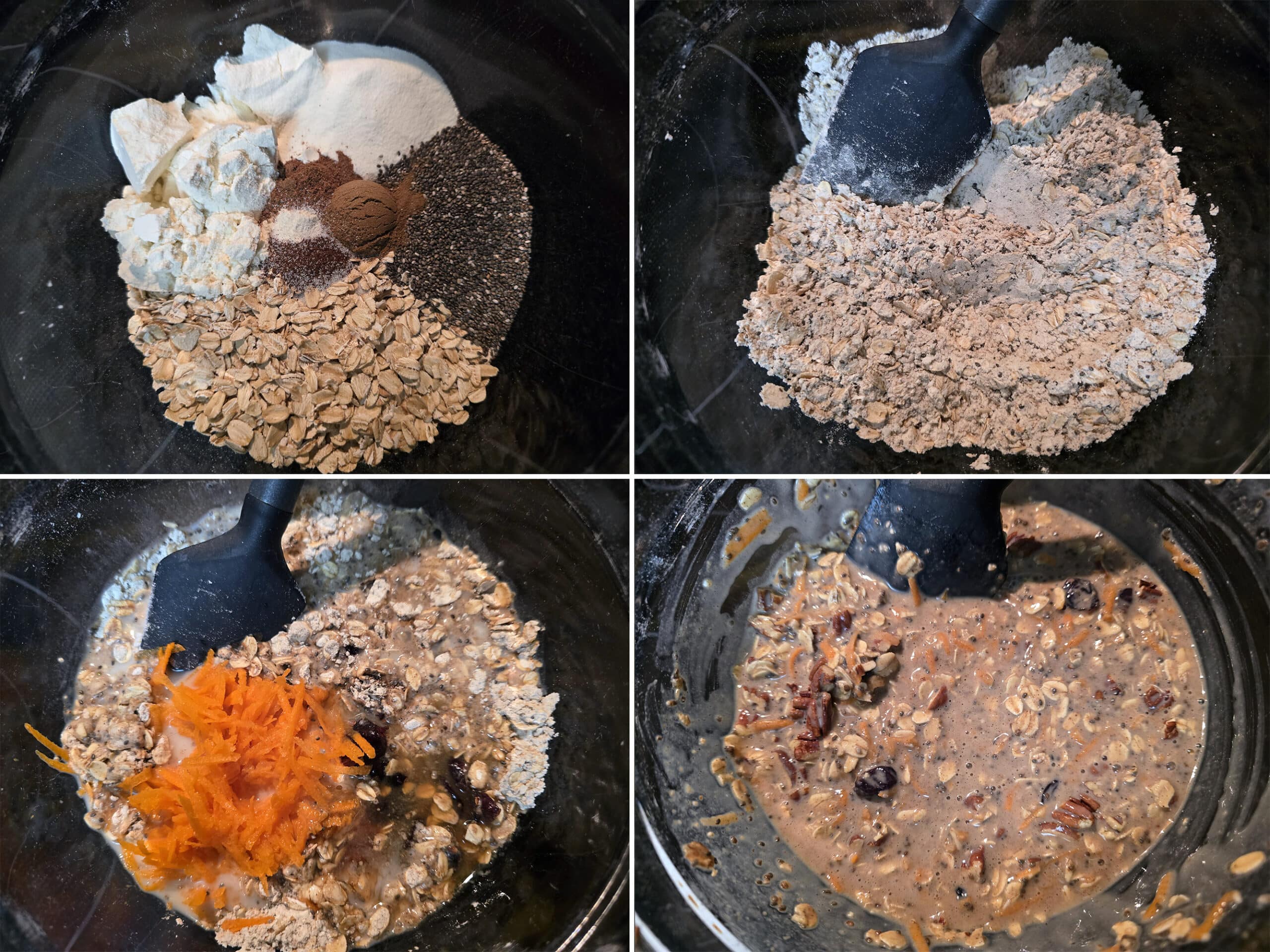 4 part image showing the dry ingredients being mixed in a bowl, then the remaining ingredients being stirred in.