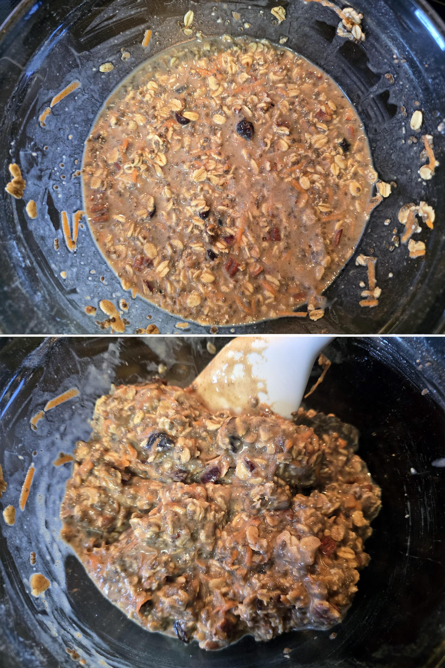 2 part image showing the soaked oats being stirred after sitting overnight.