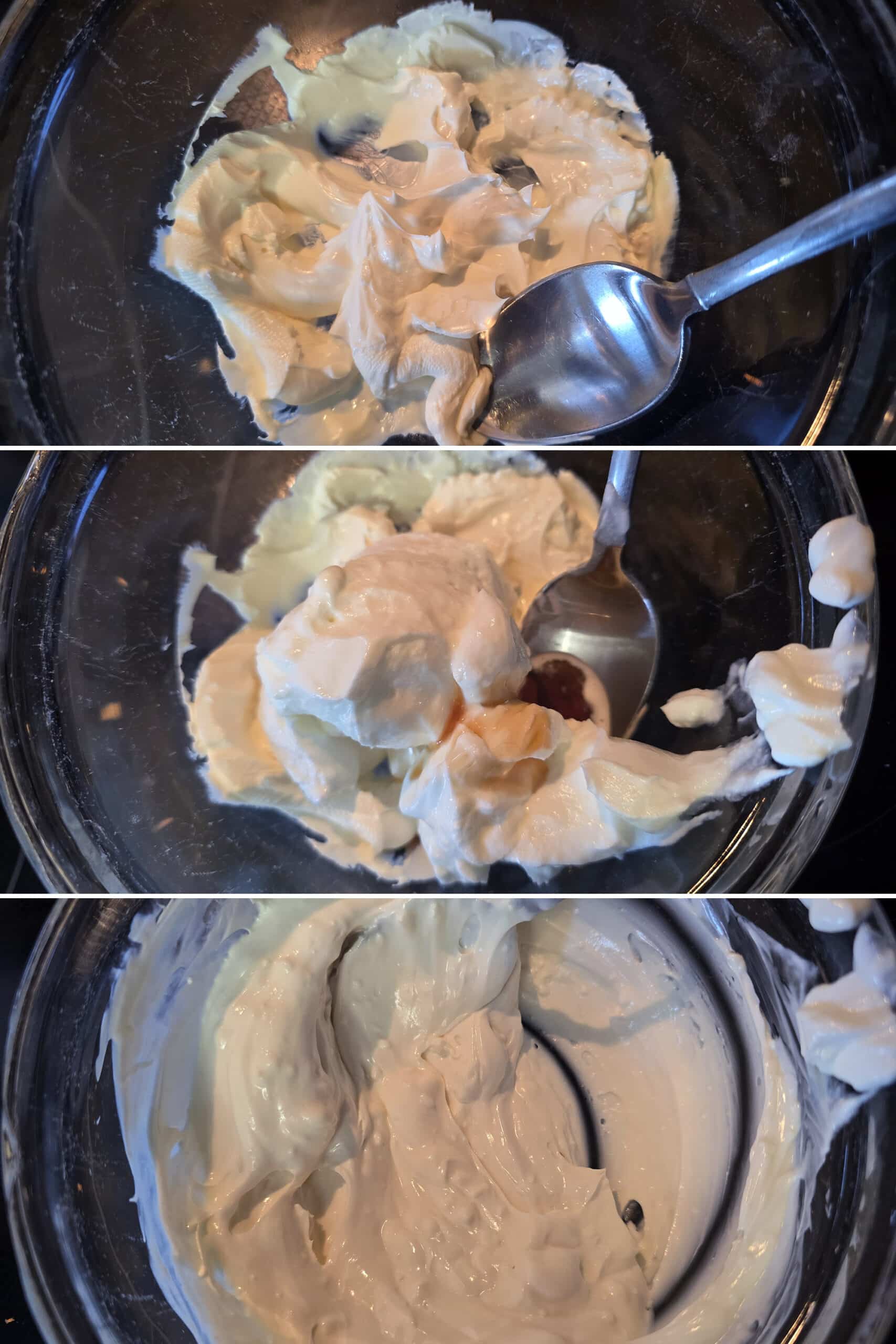 3 part image showing the Greek yogurt and cream cheese being mixed together with maple syrup.