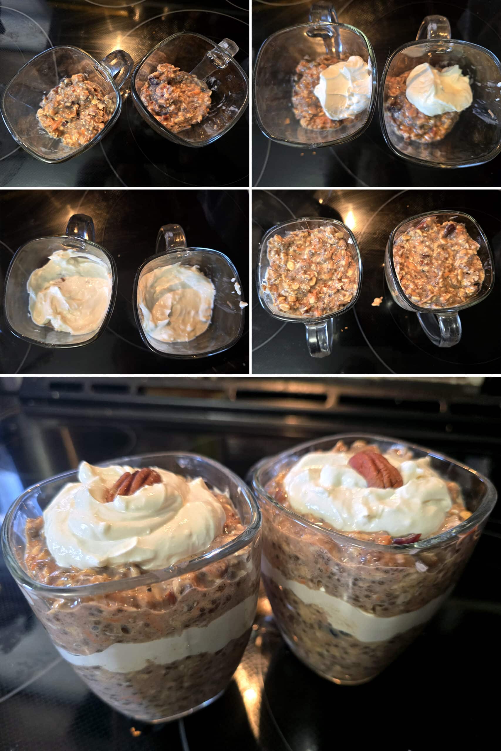5 part image showing the carrot cake oatmeal and cream cheese mixture being layered in glasses.