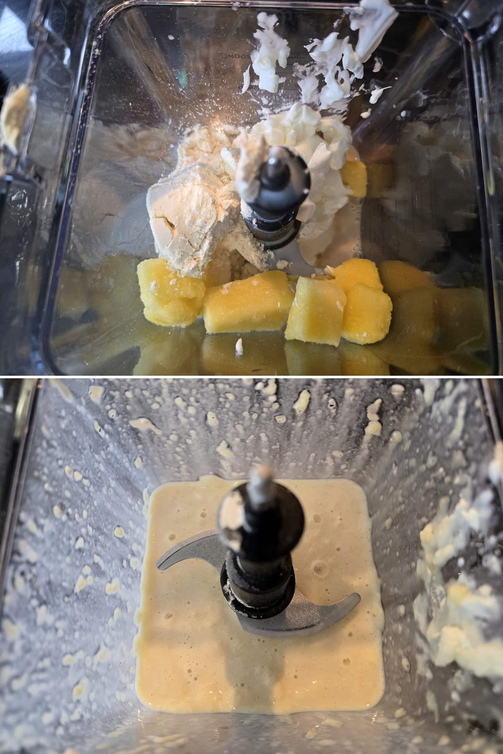 2 part image showing the protein pina colada ingredients being blitzed smooth in a blender.