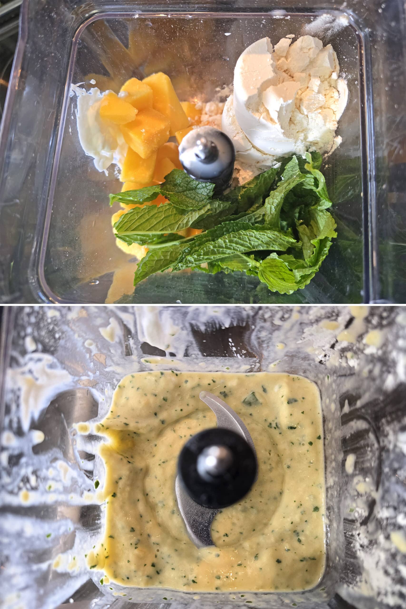 2 part image showing mango mojito smoothies being made in a blender.