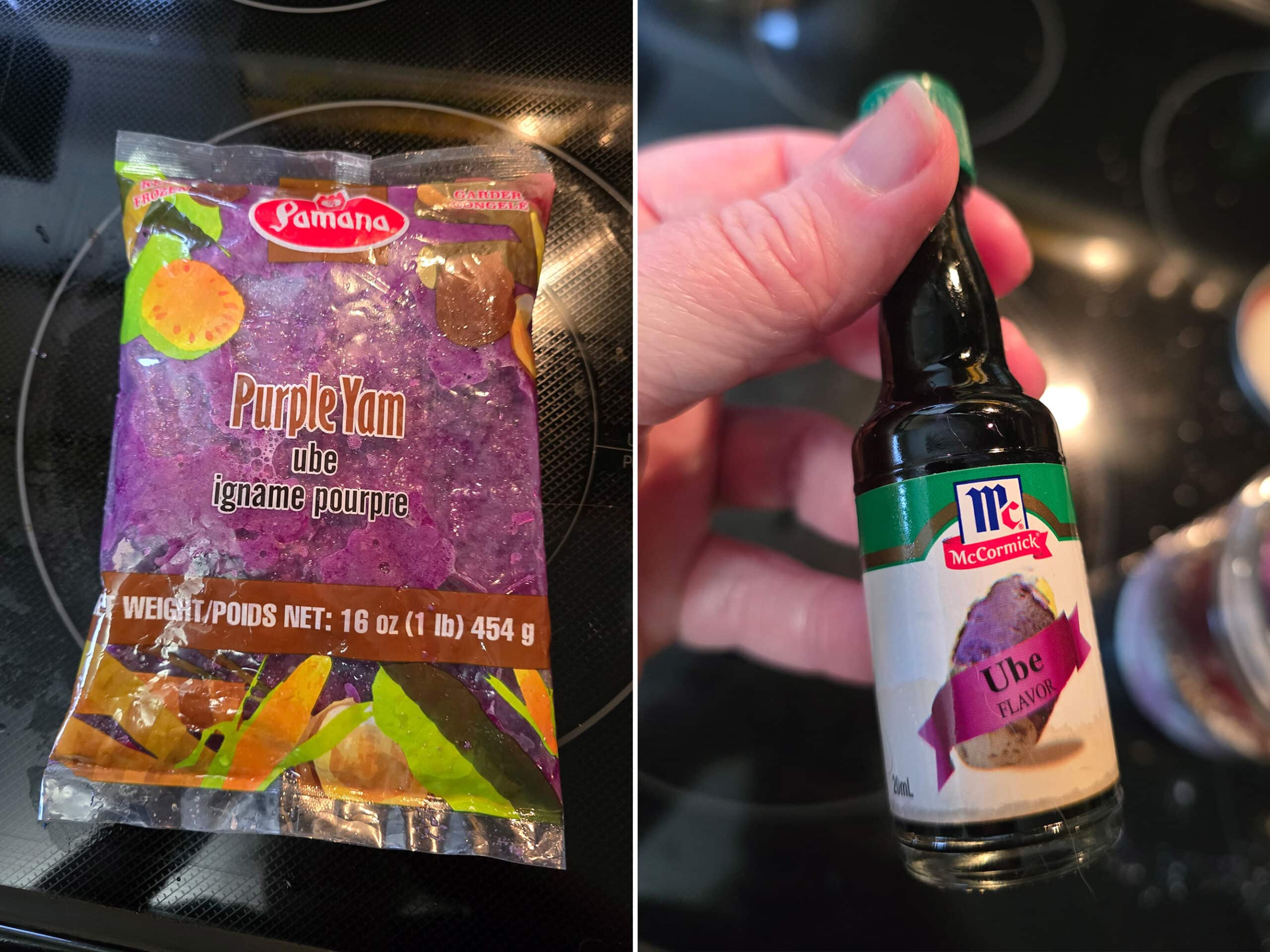 2 part image showing a package of frozen mashed ube, and a hand holding a small bottle of Ube extract.