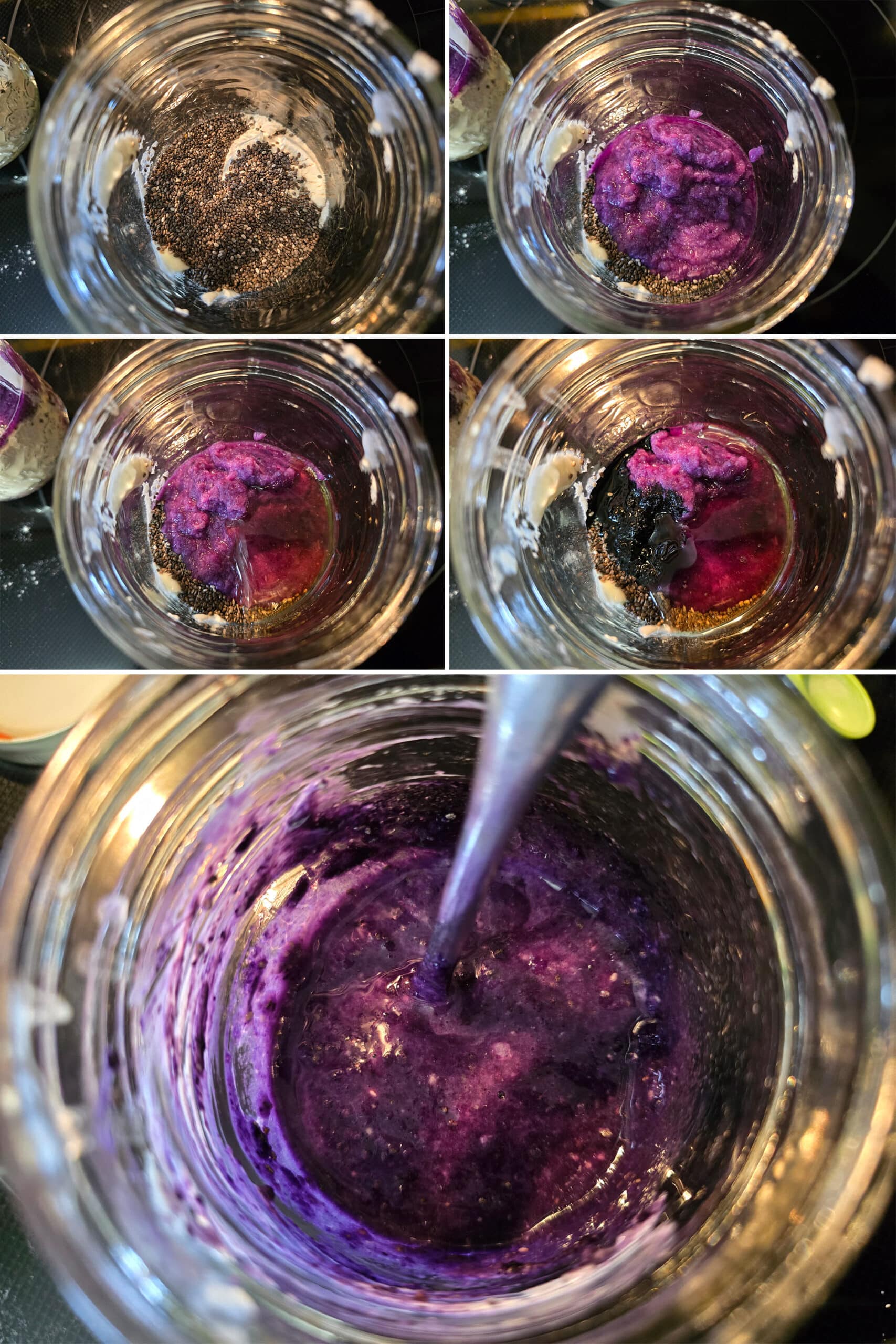 5 part image showing the protein powder, chia seeds, ube, and ube extract being stirred together in a jar.