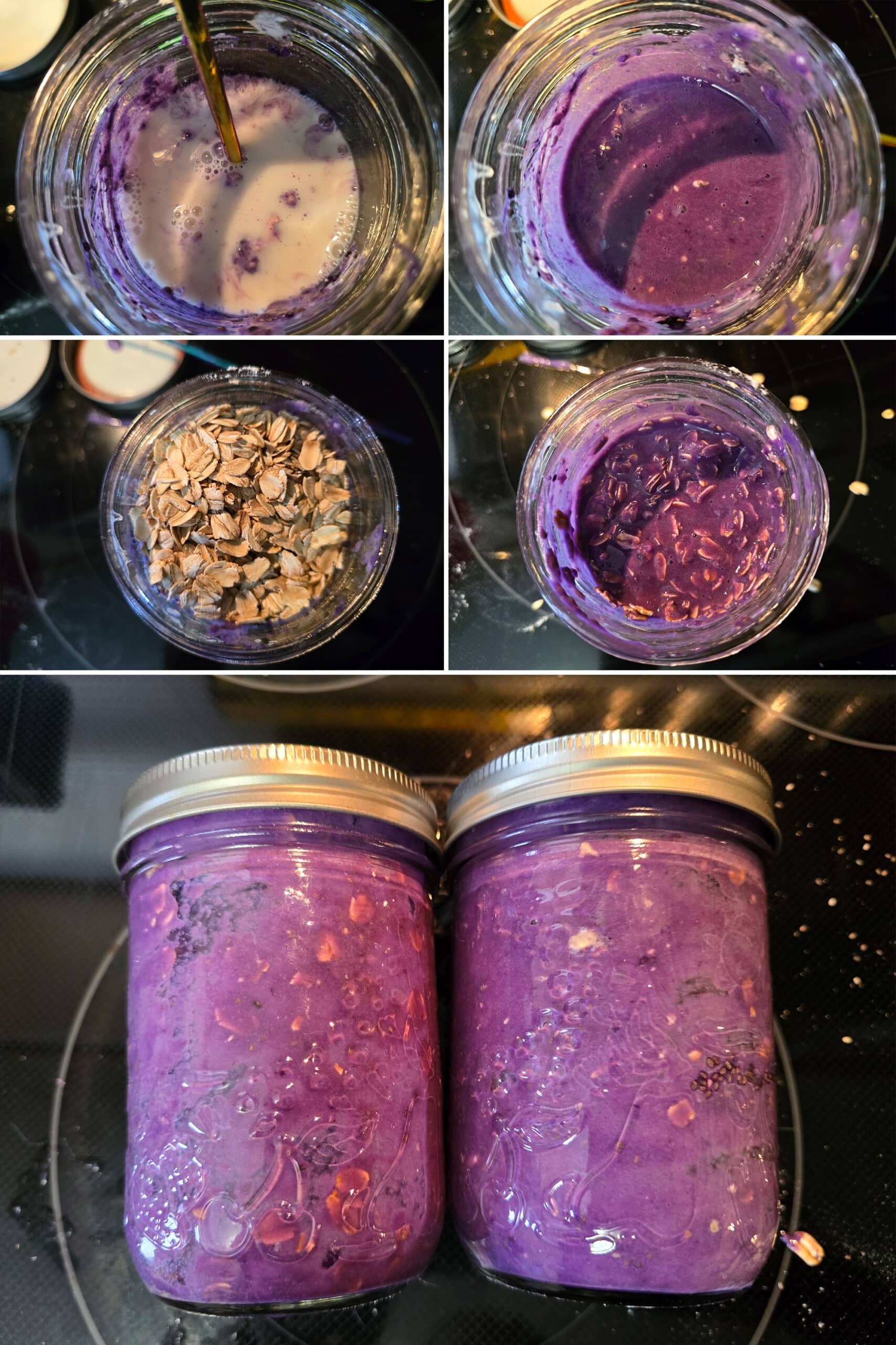 5 part image showing the remaining ingredients being added to the jar and stirred.