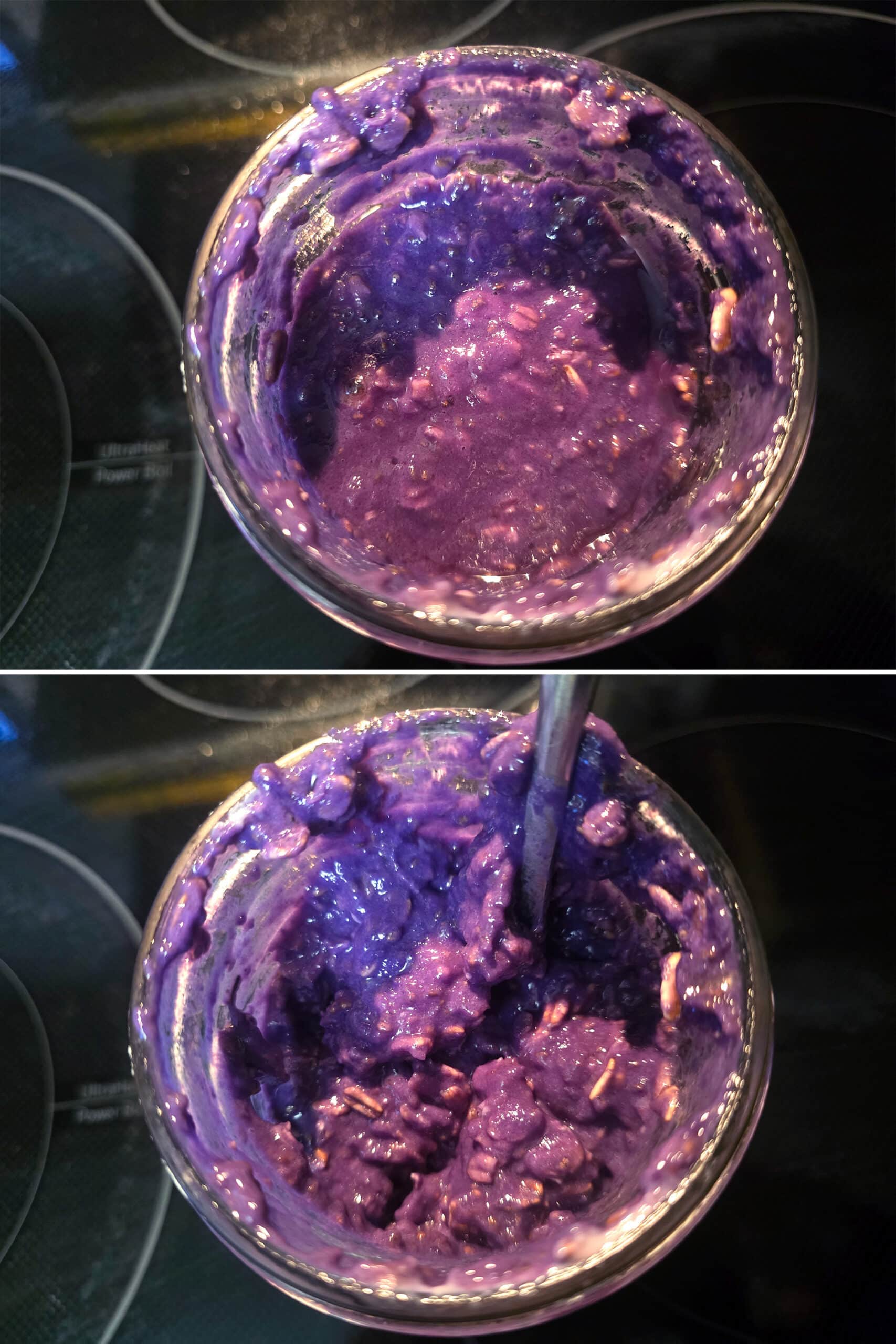 2 part image showing a jar of ube overnight oats being stirred after chilling overnight.