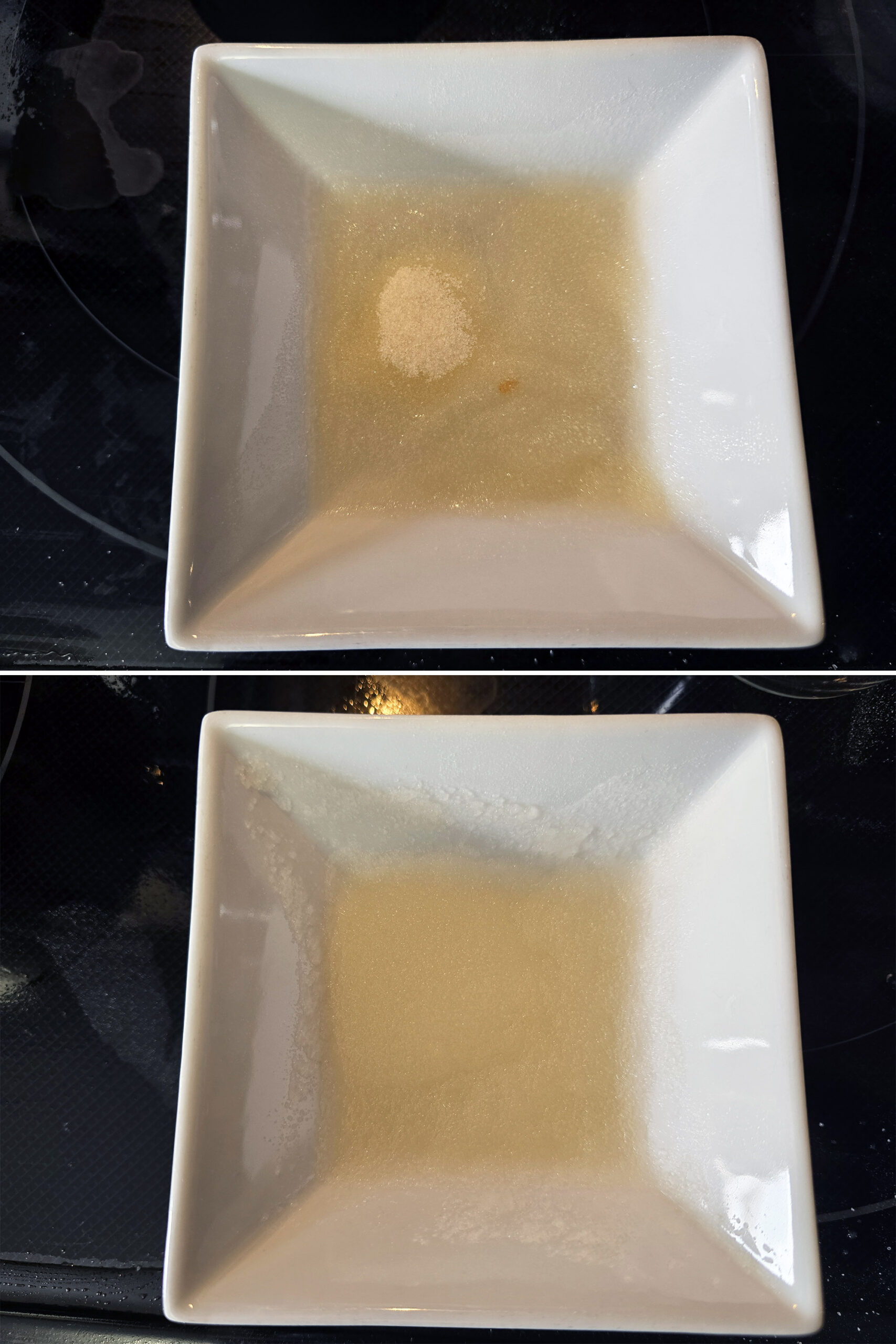 2 part image showing gelatin soaking up water in a small bowl.