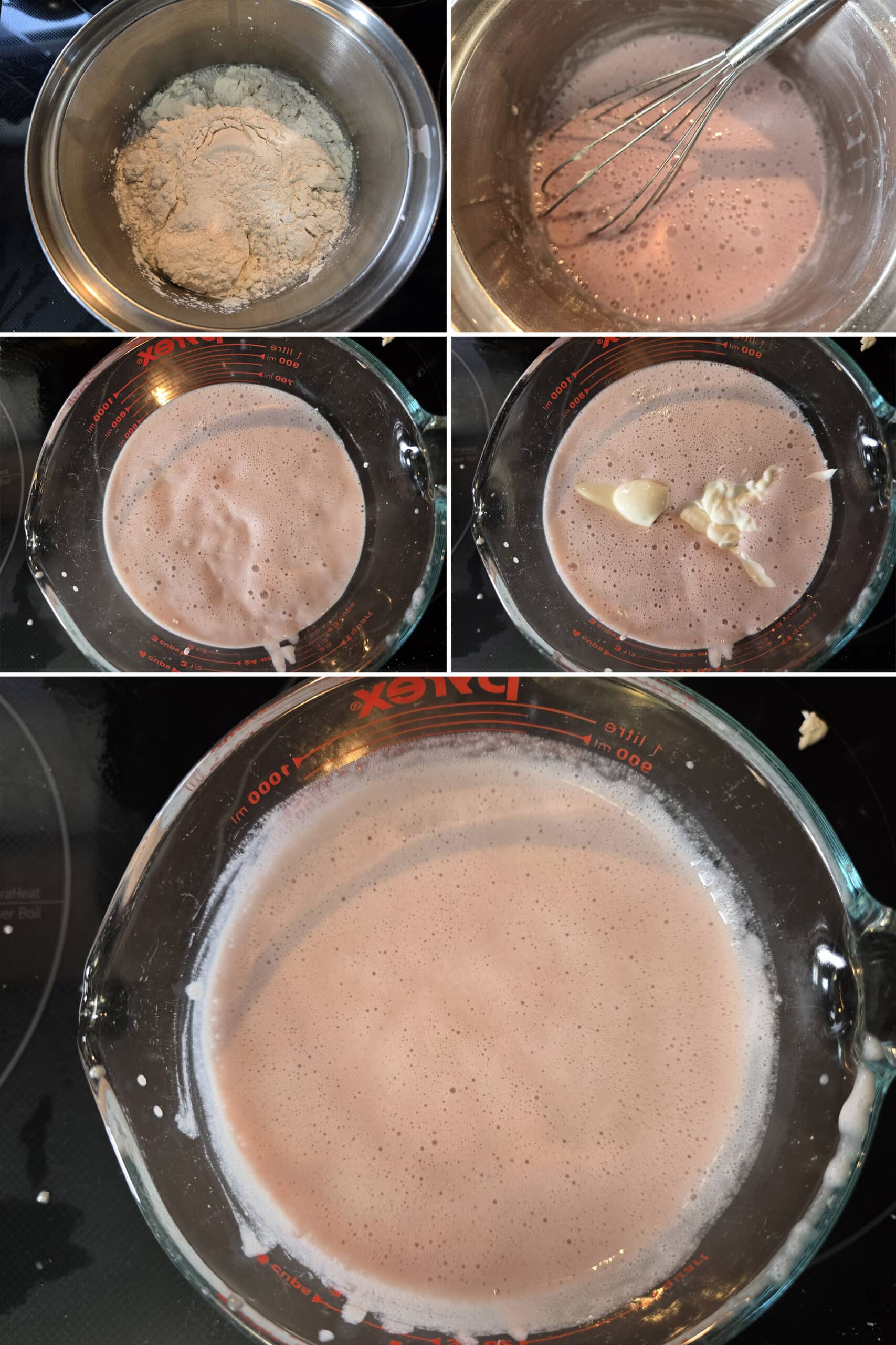 5 part image showing the almond milk and protein powder being heated, then the Greek yogurt stirred in.