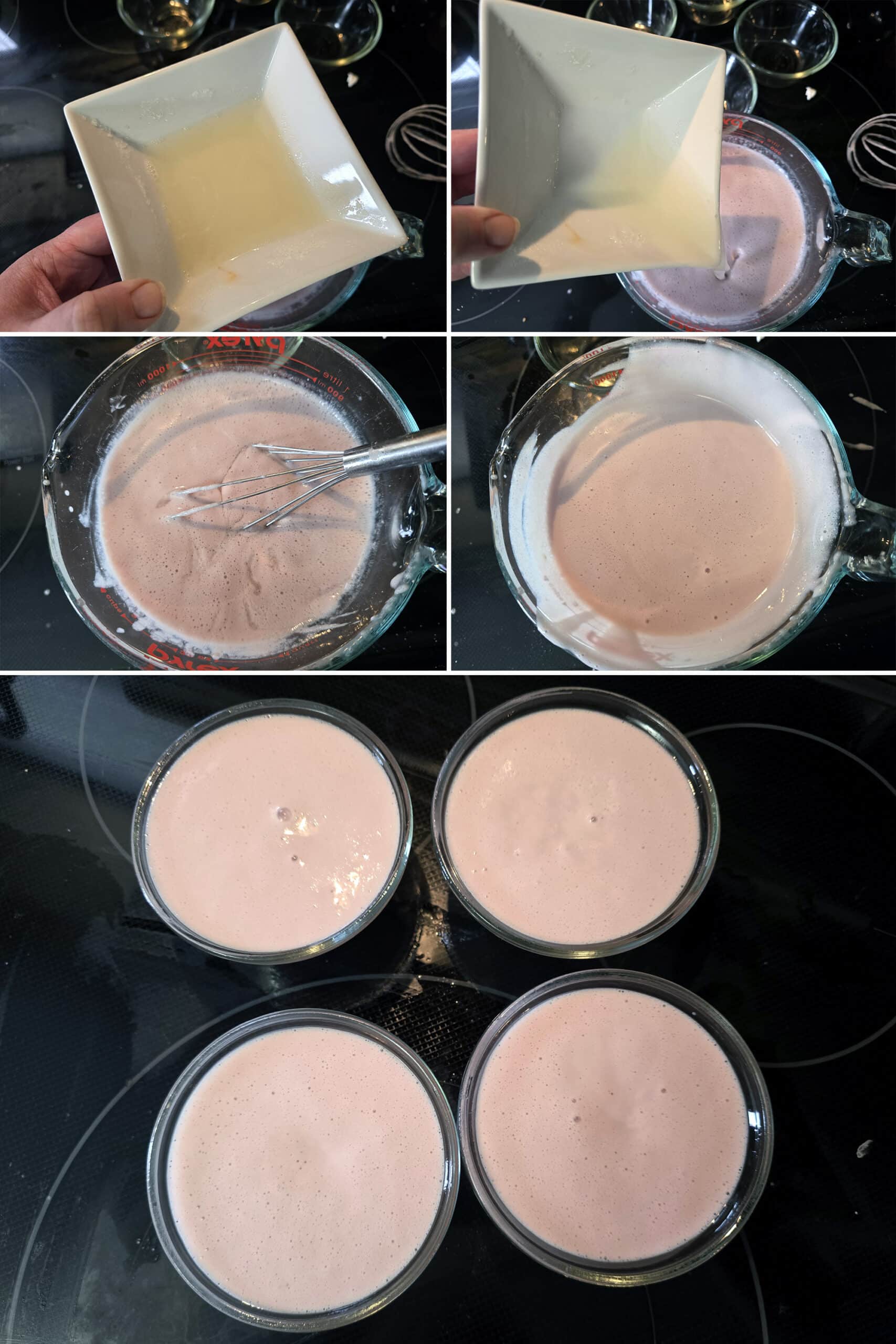 5 part image showing the melted gelatin being stirred into the protein powder mixture and poured into dessert cups.
