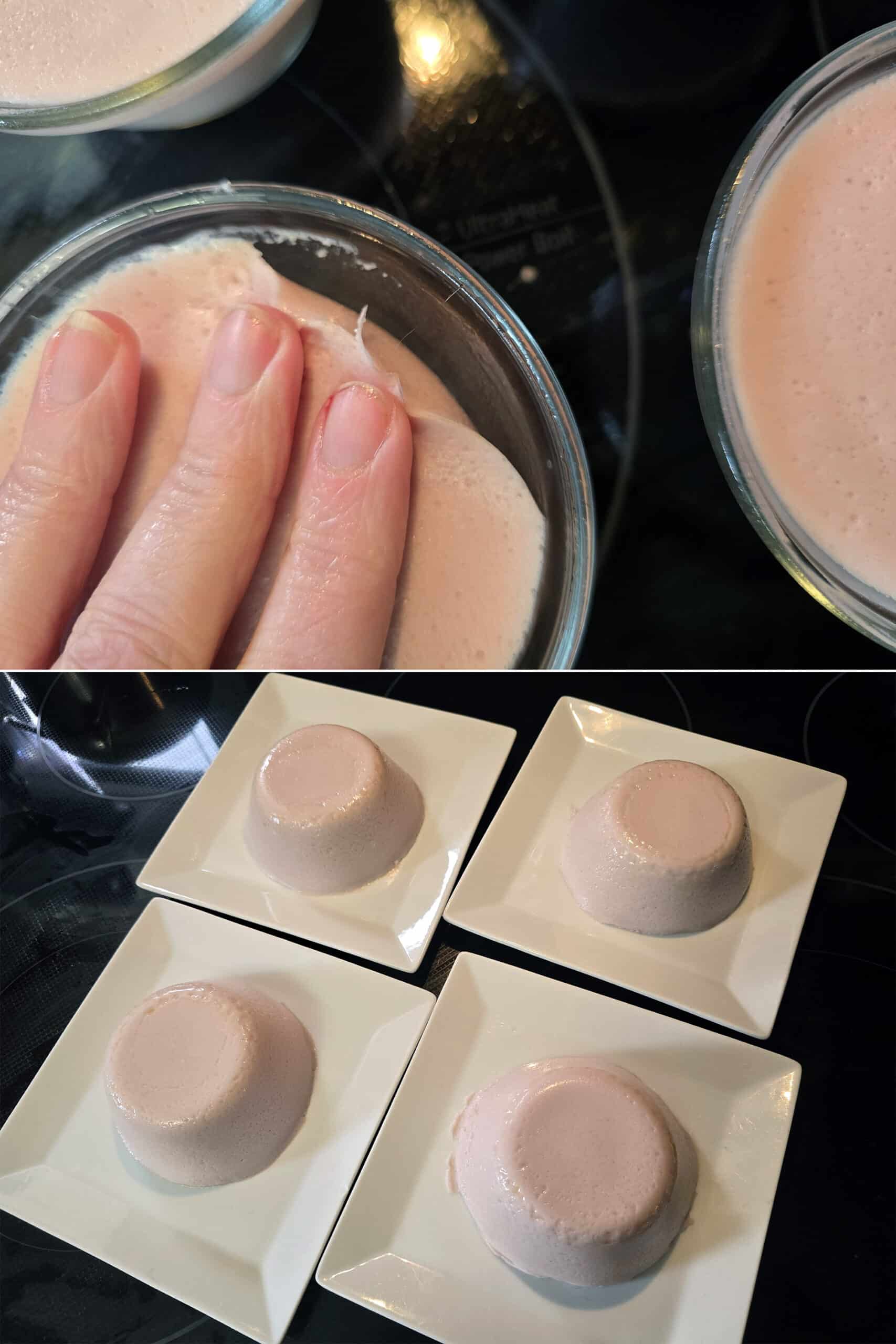 2 part image showing protein panna cotta being unmolded onto a plate.